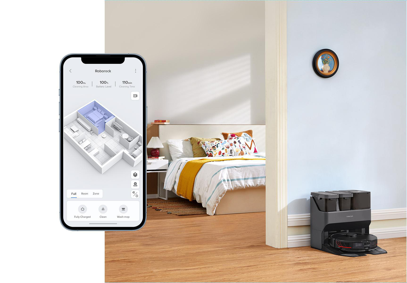 Ein Raum mit einem Telefon, das eine Grundriss-App zeigt. Ein Roboter-Staubsauger und eine Ladestation sind vorhanden.
