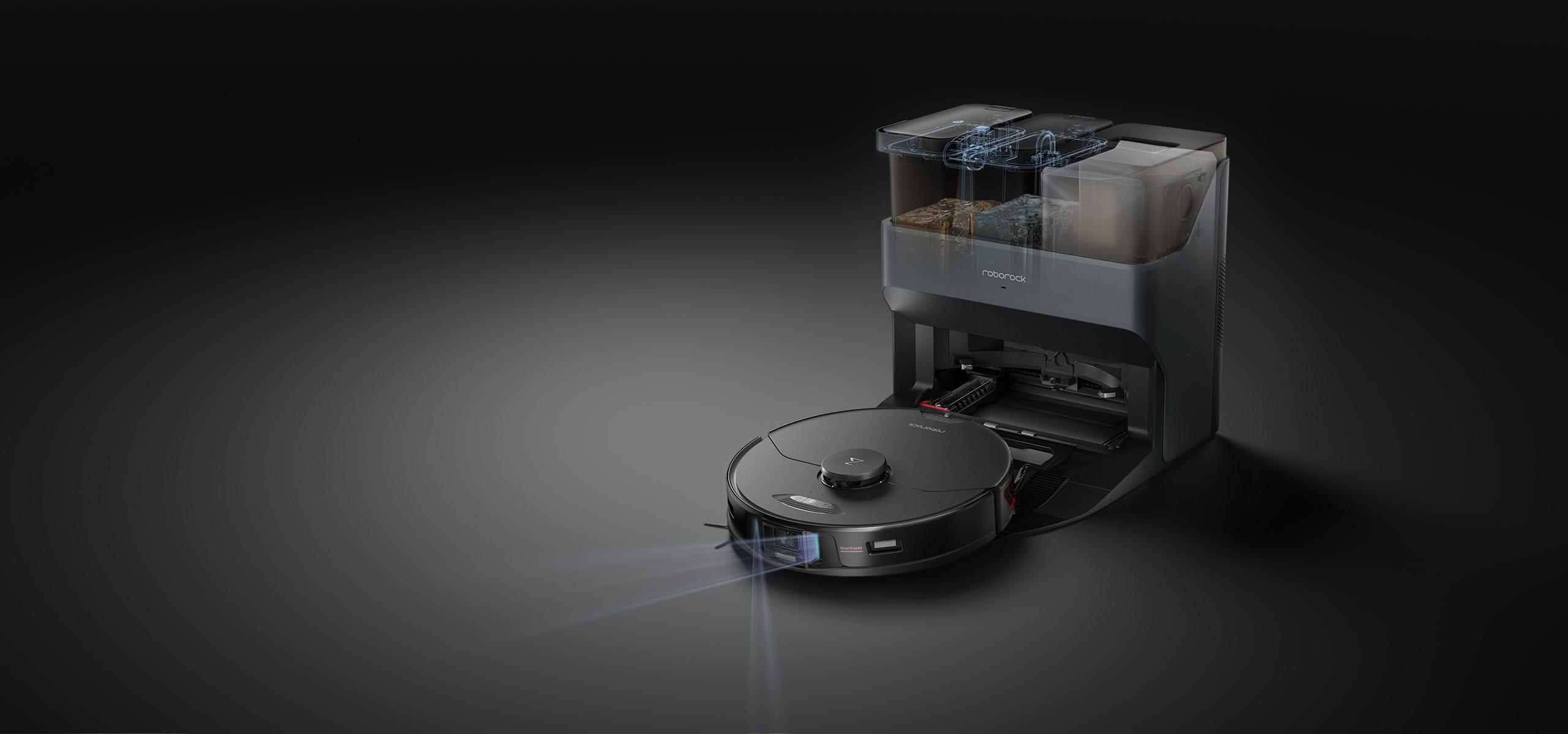 Roboter-Staubsauger und seine Ladestation auf dunklem Hintergrund.