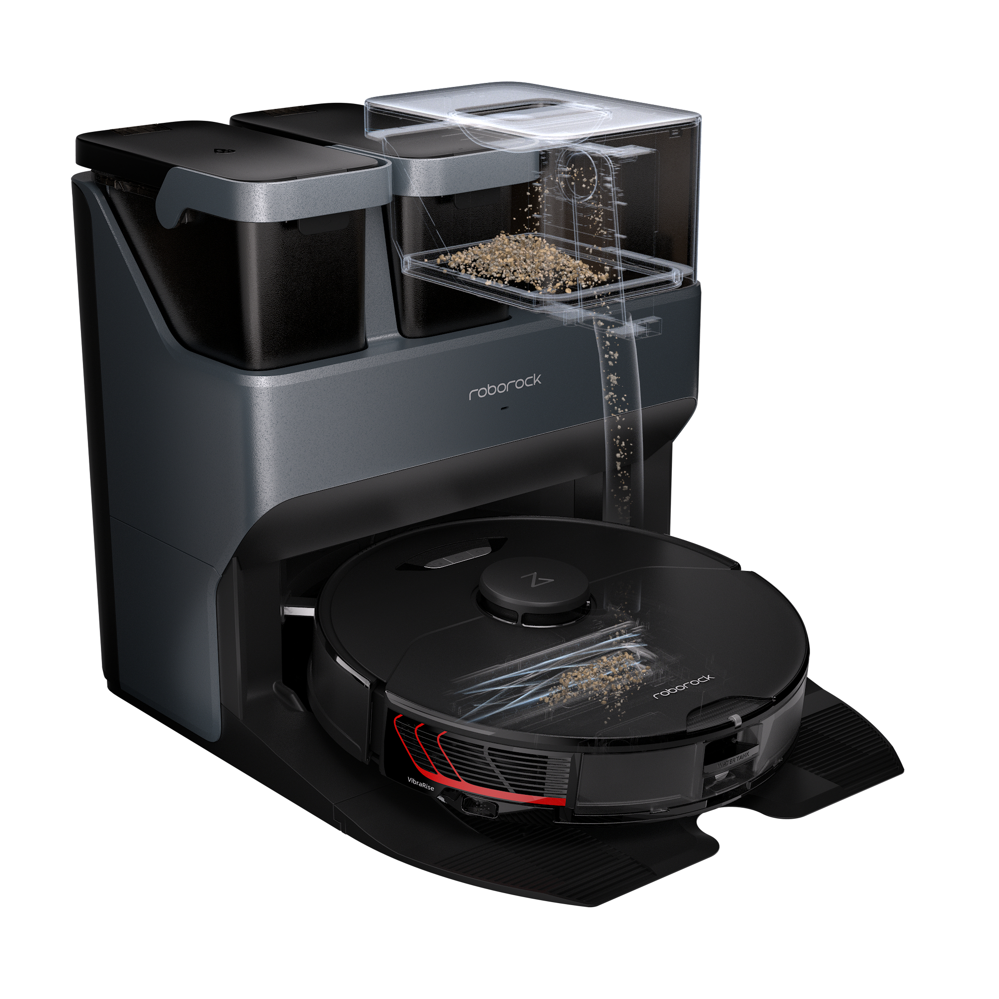 Roboter-Staubsauger mit Reinigungsstation, zeigt die Schmutzansammlung.
