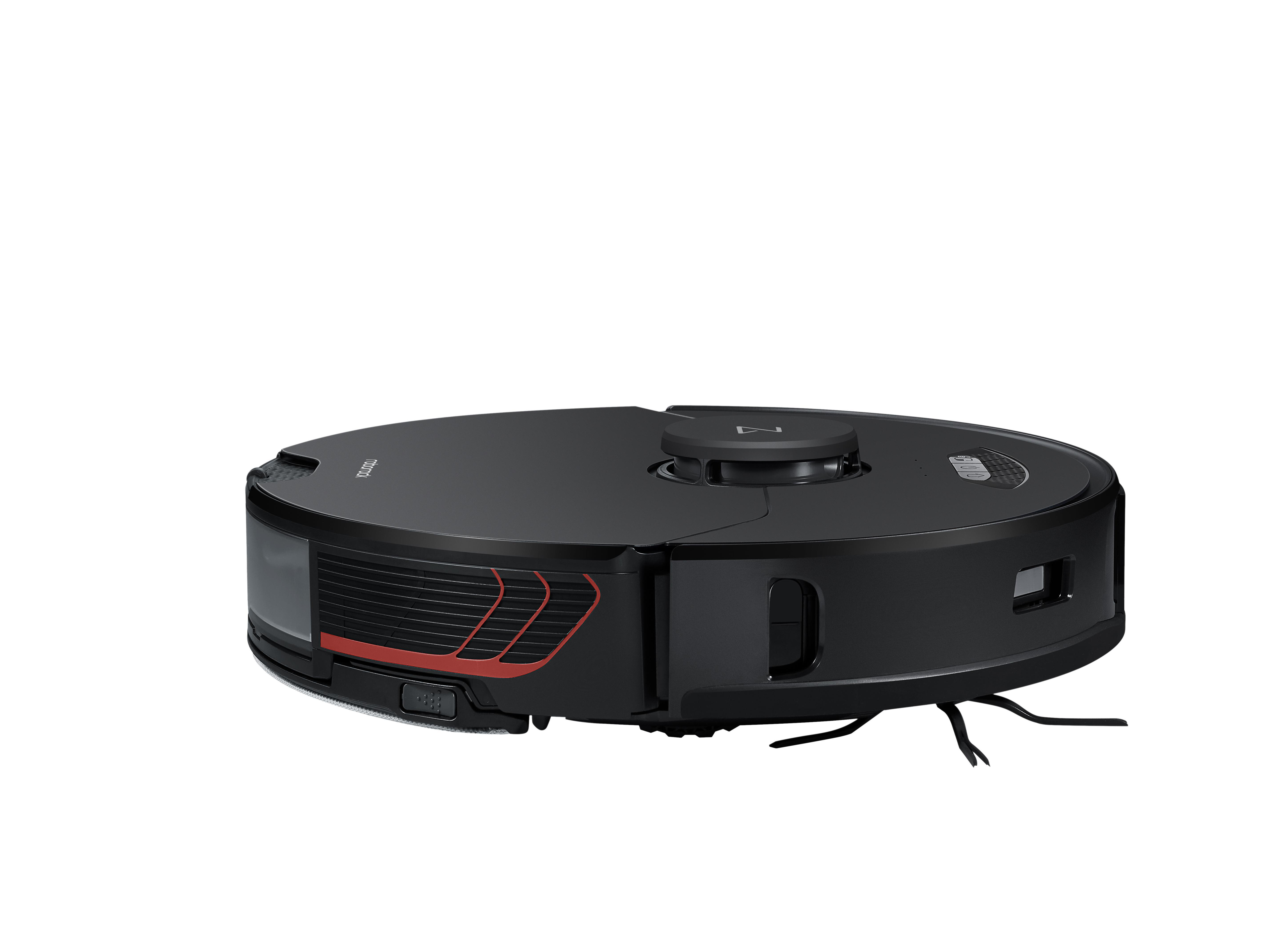 Schwarzer Roboter-Staubsauger. Der Roboter befindet sich auf weißem Hintergrund.