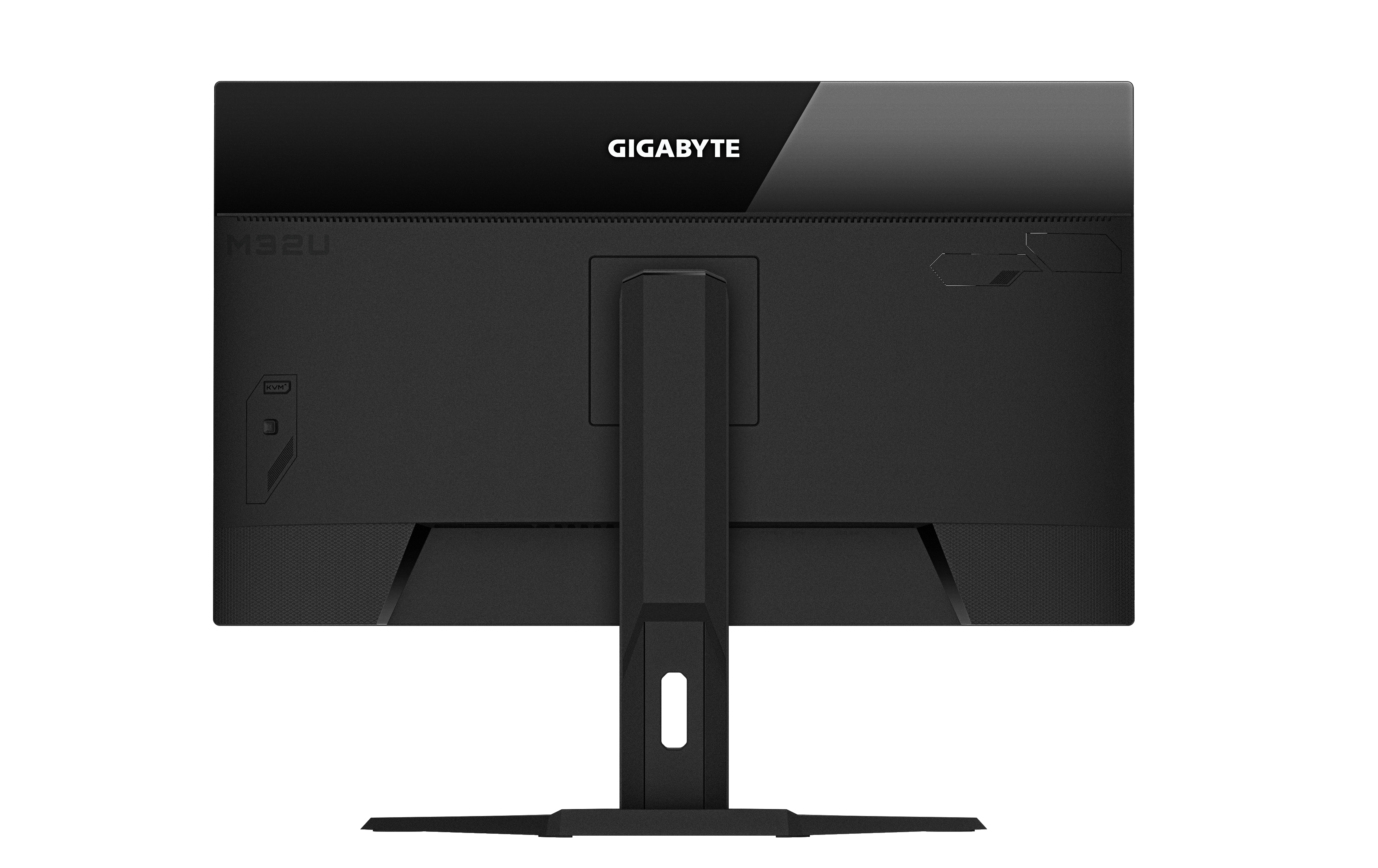 Die Rückseite eines schwarzen Computermonitors mit dem Markennamen 'GIGABYTE'.