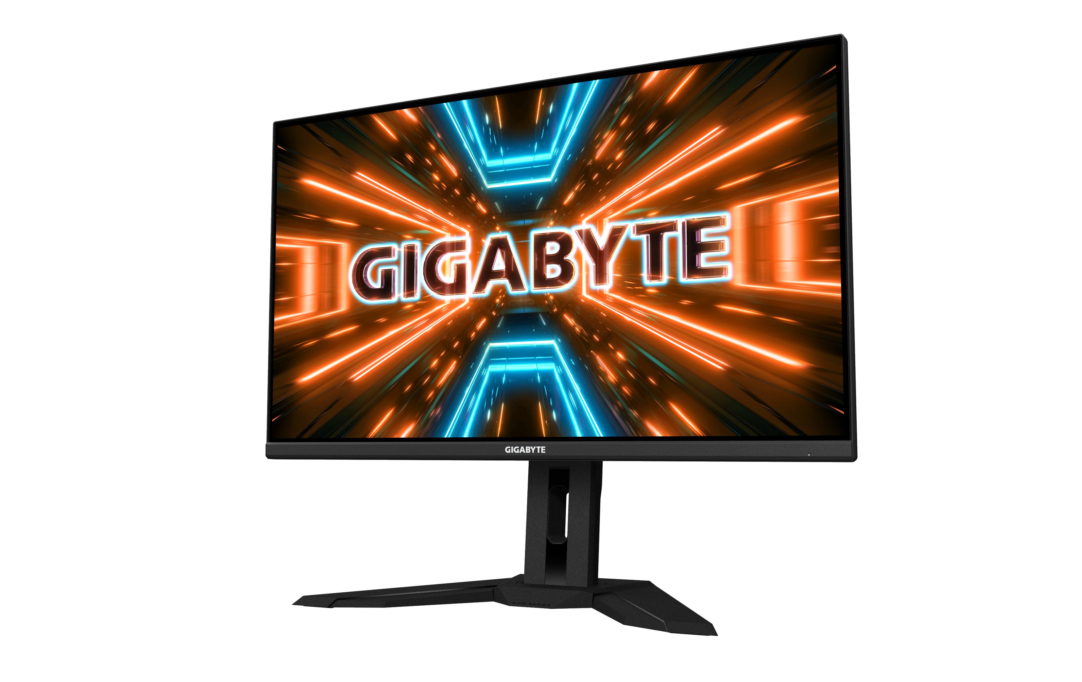 Ein schwarzer Monitor mit Gaming-Oberfläche, die das Wort GIGABYTE zeigt.