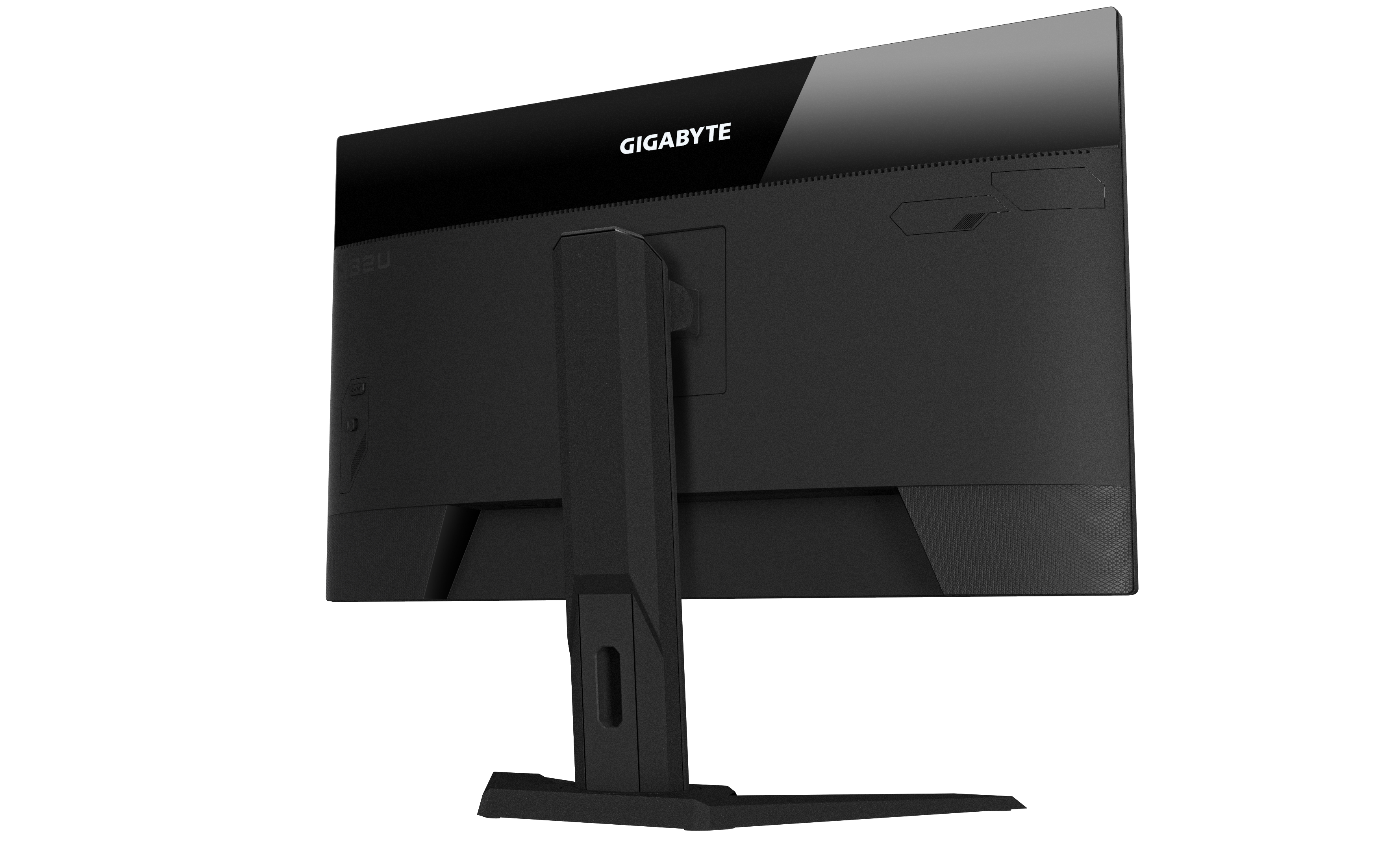 Rückseite eines Gigabyte-Monitors. Schwarze Farbe und ein Ständer sind sichtbar.