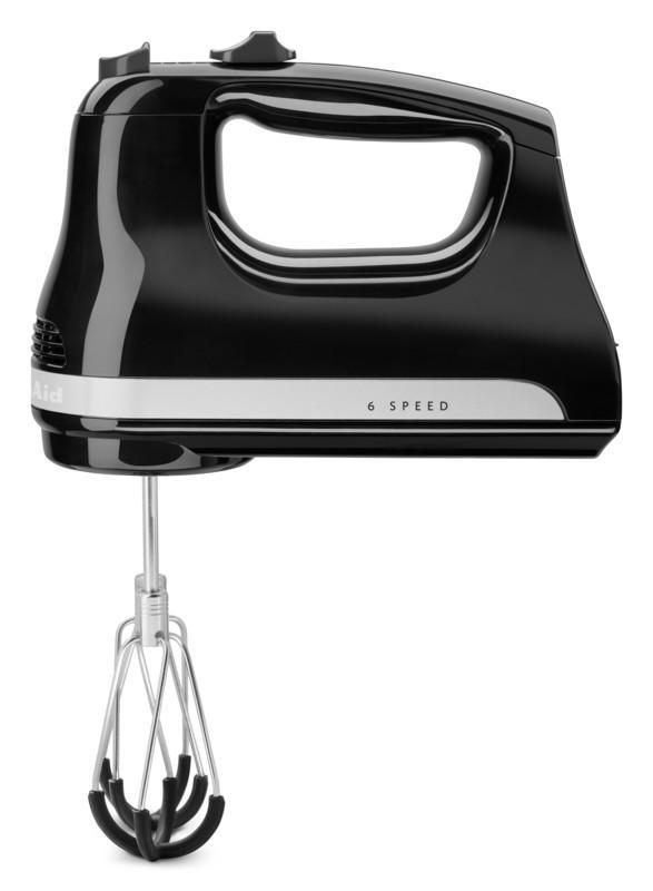 Schwarzer Handmixer mit 6 Geschwindigkeitsstufen und Edelstahl-Schlägern.