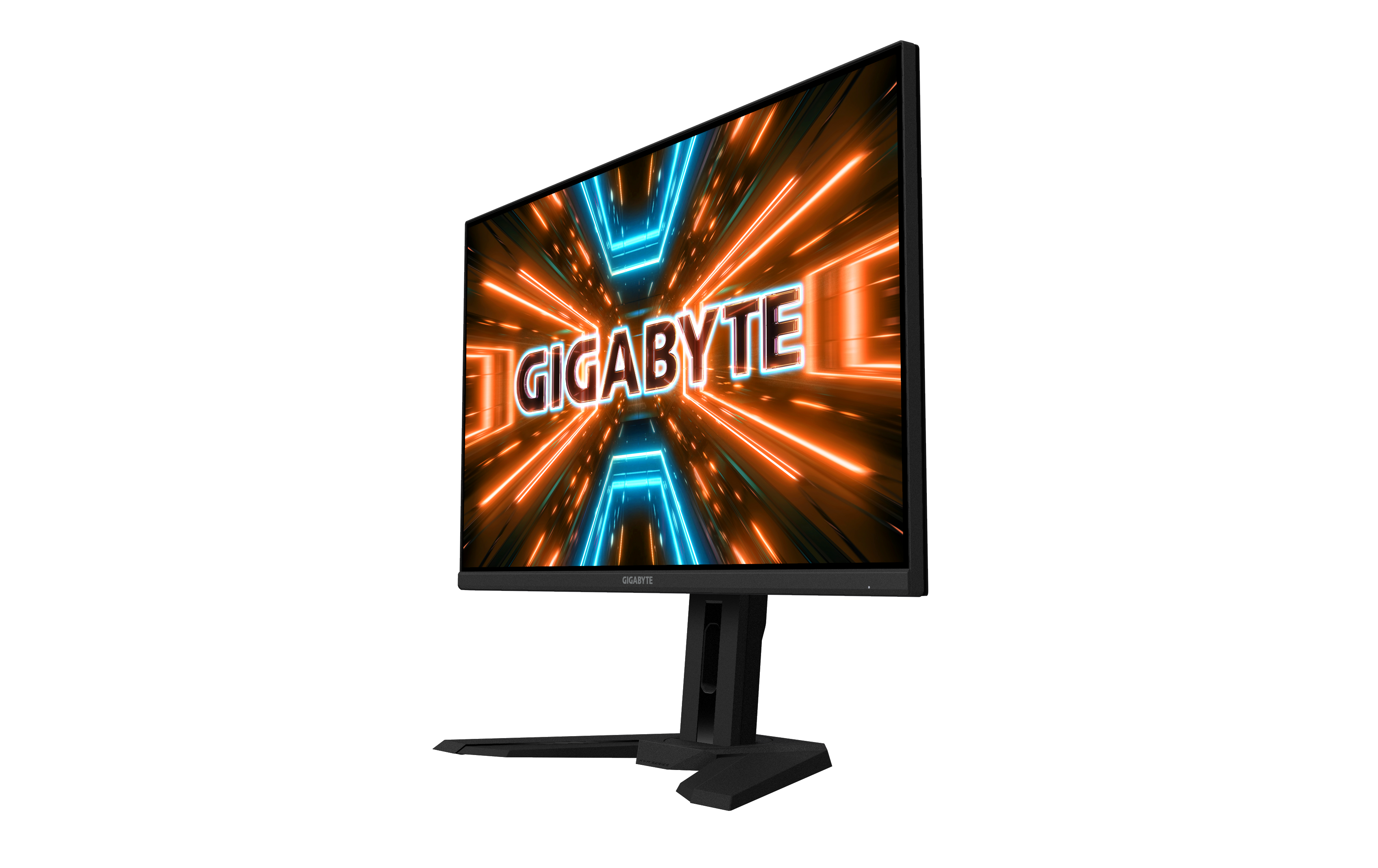 Ein schwarzer Gigabyte-Monitor, der ein orangefarbenes und blaues Design zeigt.