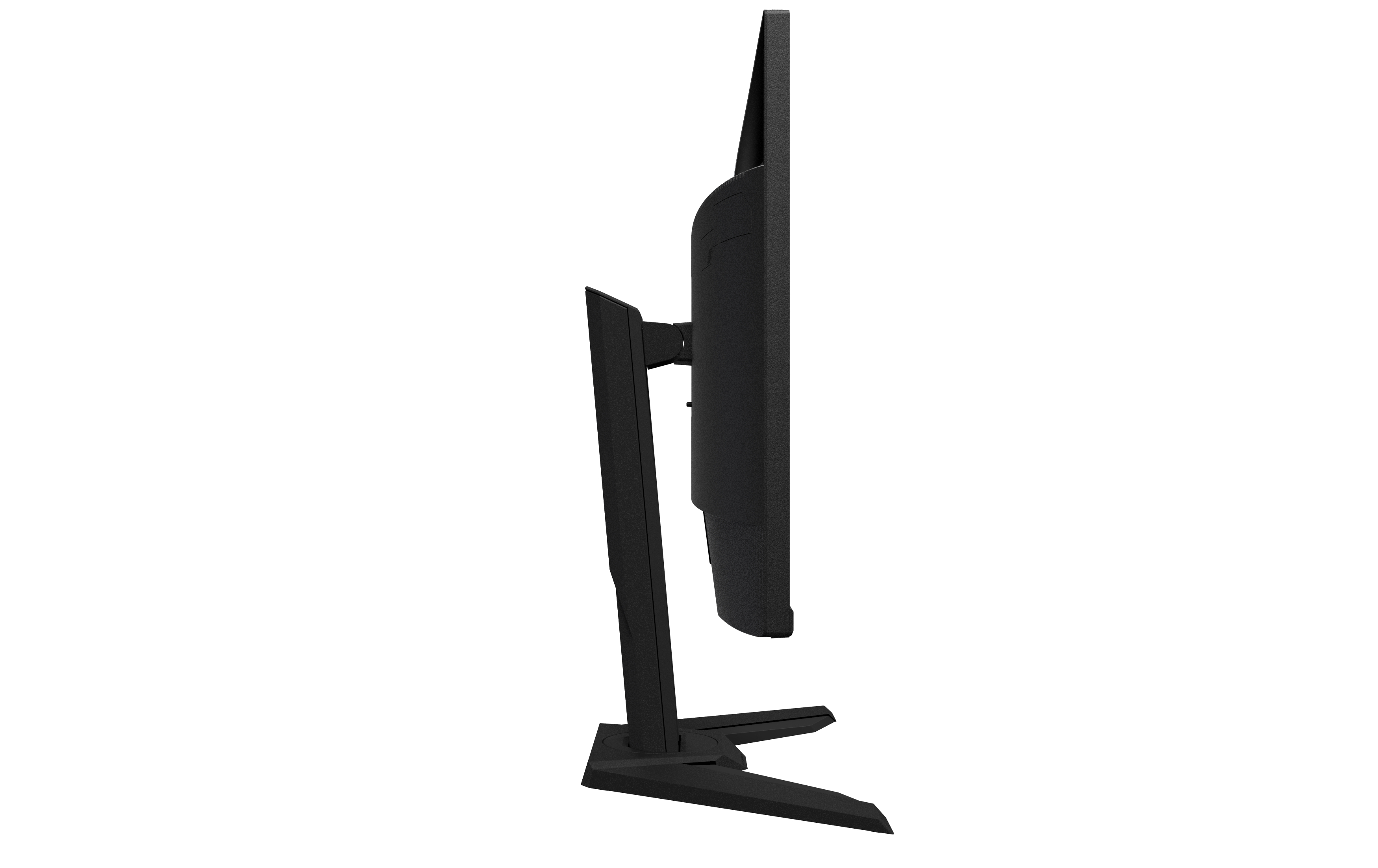 Seitenansicht eines schwarzen Computermonitors mit schwarzem Ständer.