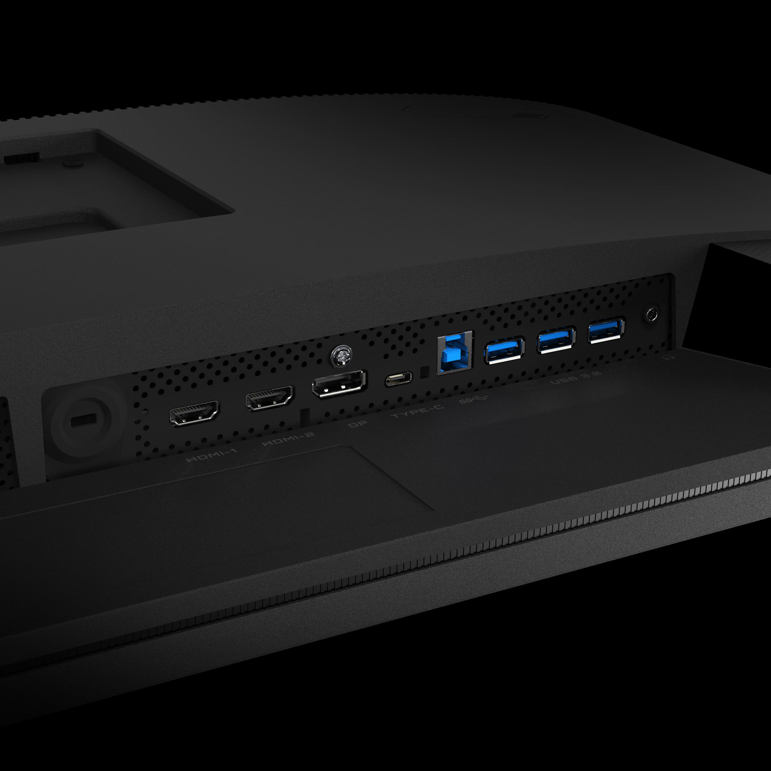 Schwarze Computer-Monitor-Anschlüsse, HDMI, USB und DP sind sichtbar. Dunkler Hintergrund, Nahaufnahme.