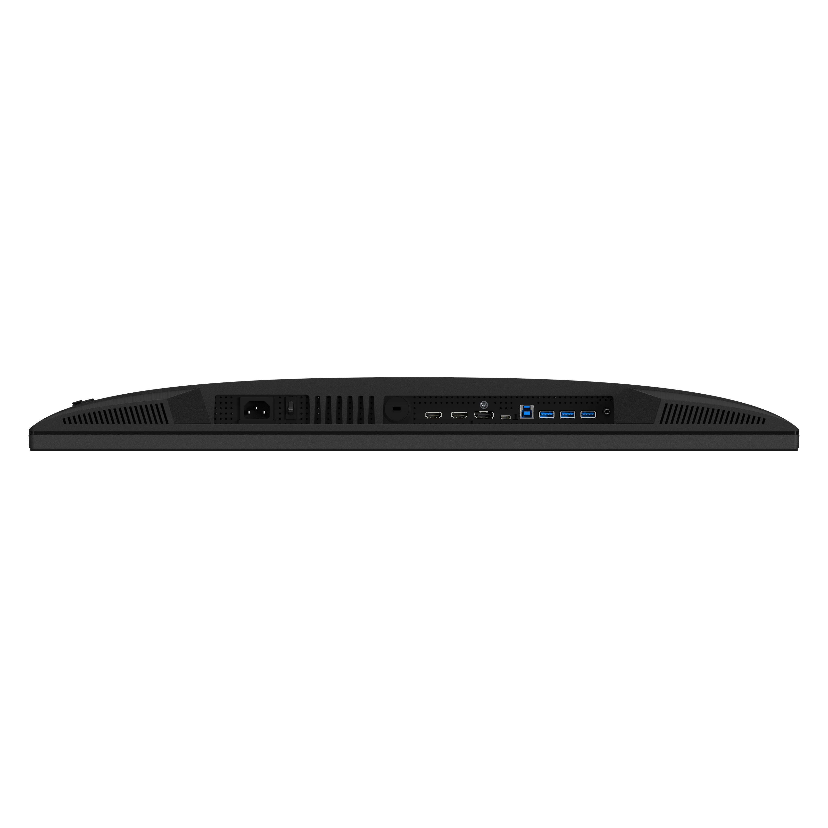 Die Rückseite eines schwarzen Monitors. Anschlüsse sichtbar. HDMI, USB und Stromkabelanschlüsse sind sichtbar.