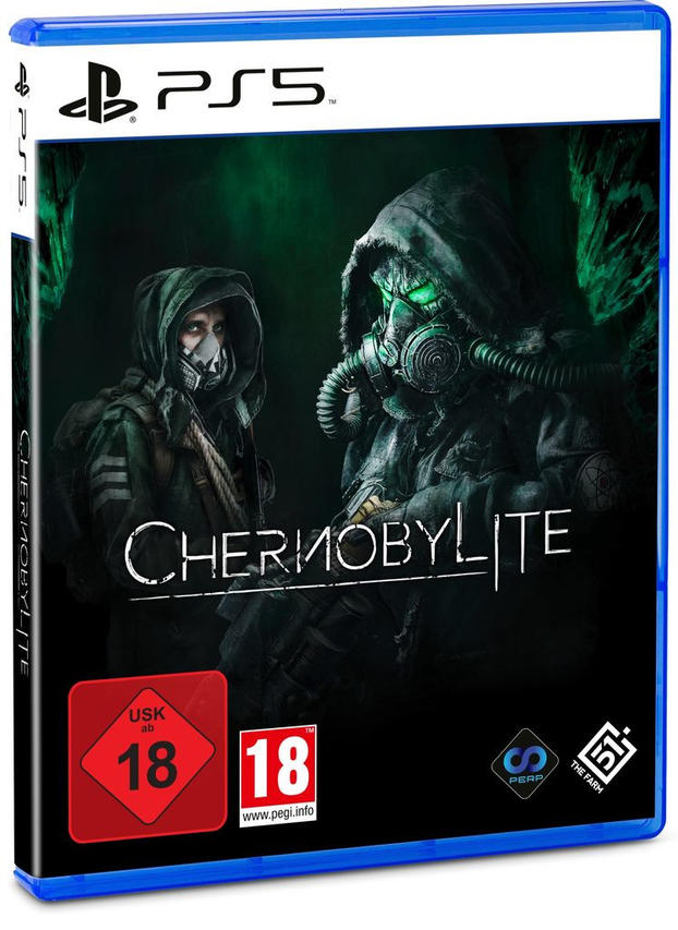 PS5-Spielbox von Chernobylite, zeigt zwei Figuren mit Gasmasken und Militärausrüstung.