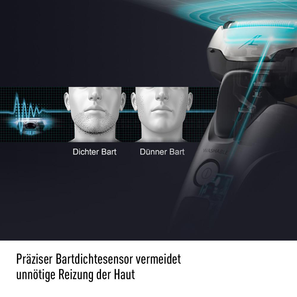 Bild vergleicht Bartdichte vor und nach dem Rasieren mit Präzisionssensor. Dunkler Hintergrund.
