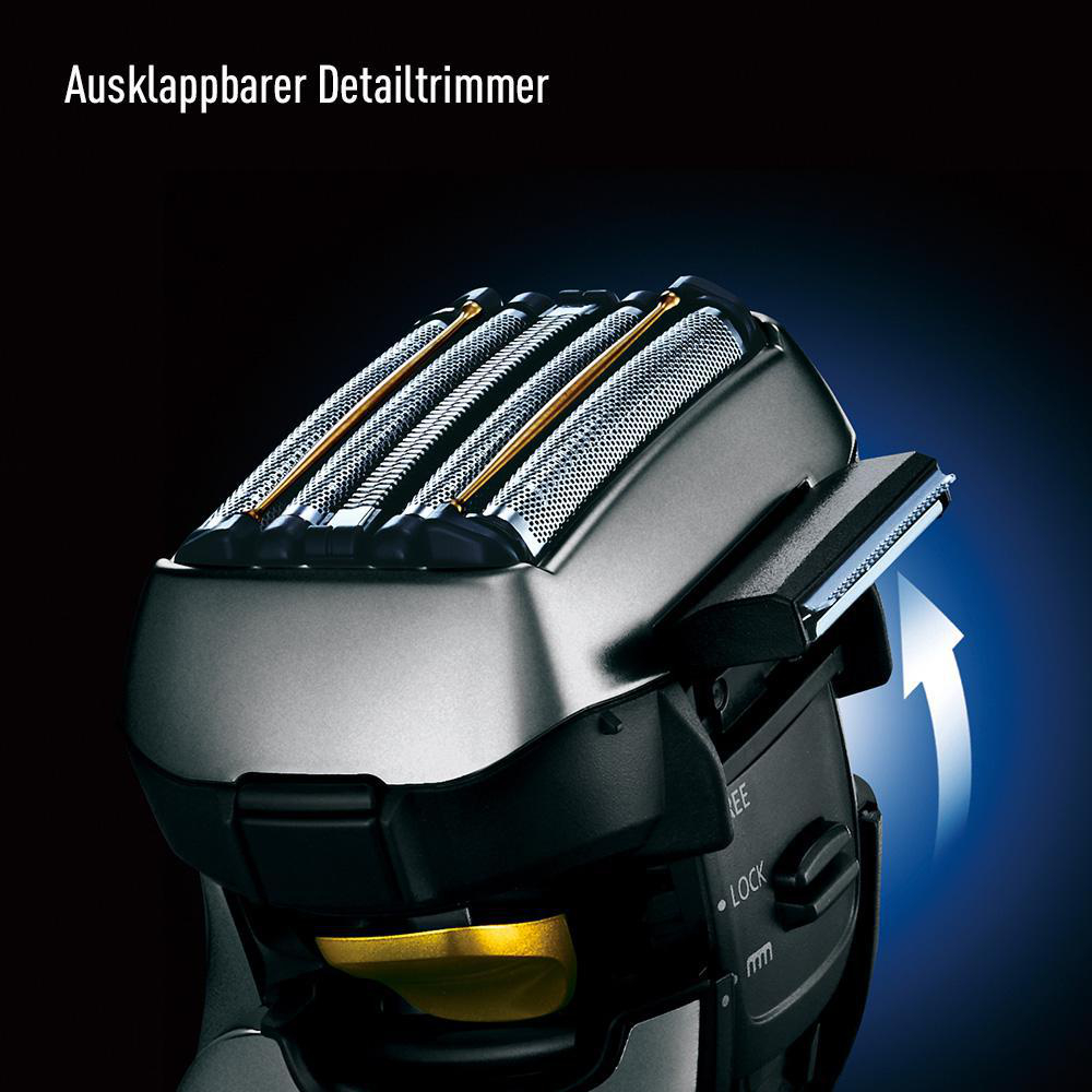 Nahaufnahme eines schwarzen und grauen Elektrorasierers mit Detailtrimmer. Der Trimmer ist offen.