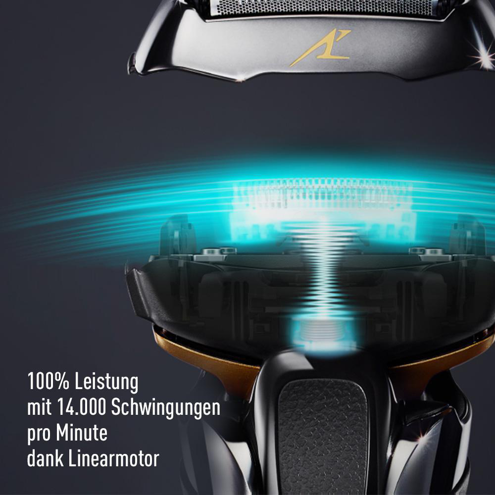 Nahaufnahme eines Rasierers mit blauem Licht und Text.