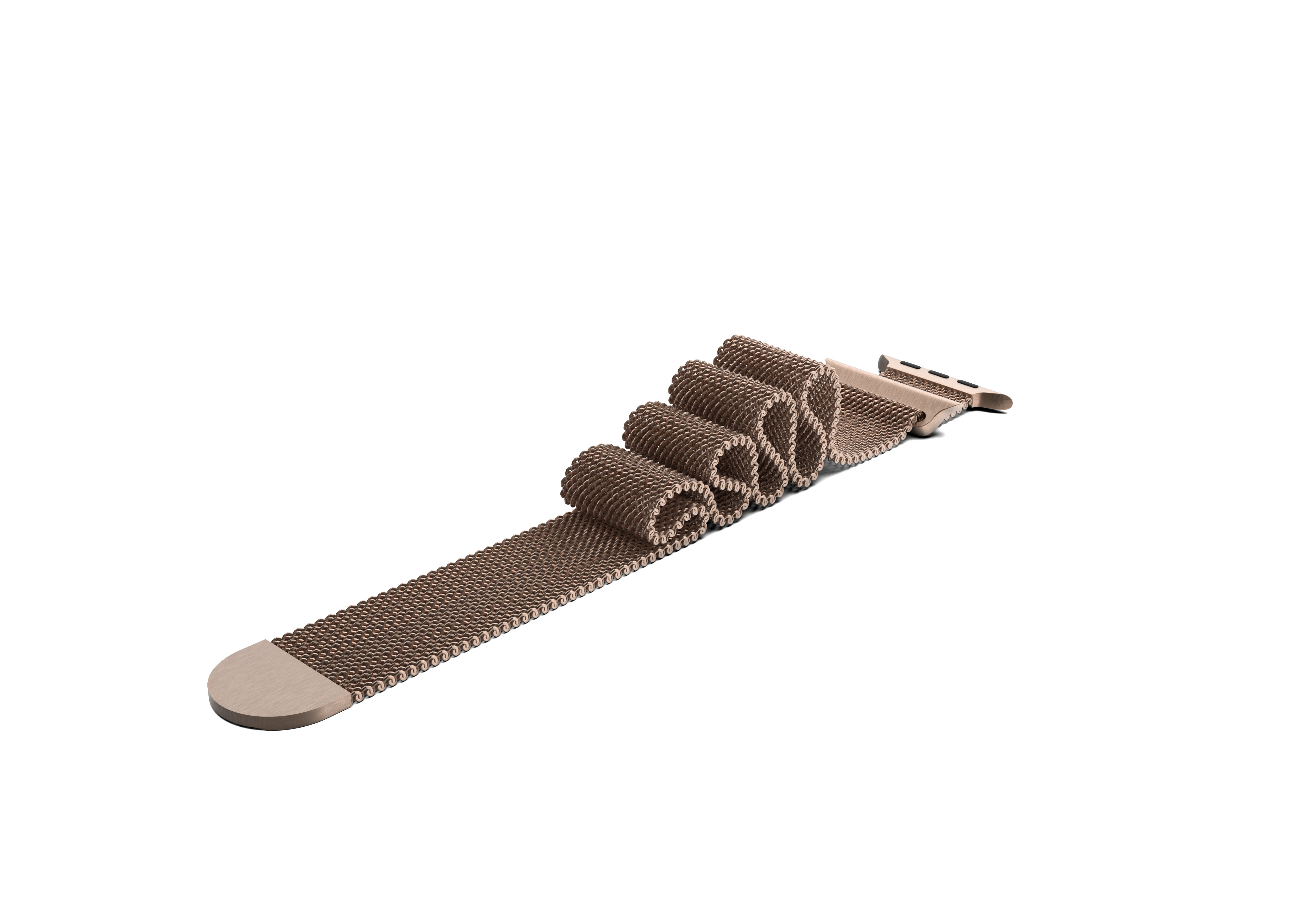 Braunes Metallgewebe-Apple Watch-Armband auf weißer Oberfläche ausgebreitet.
