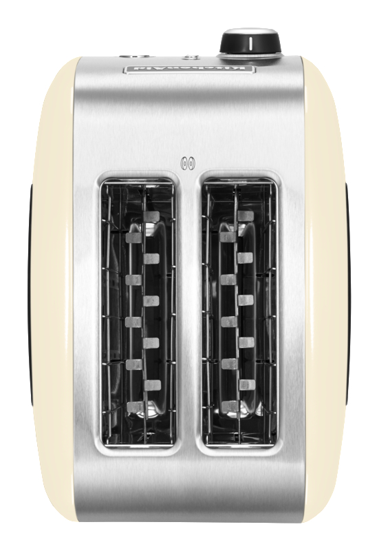 Ein cremefarbener KitchenAid Toaster mit zwei Schlitzen.