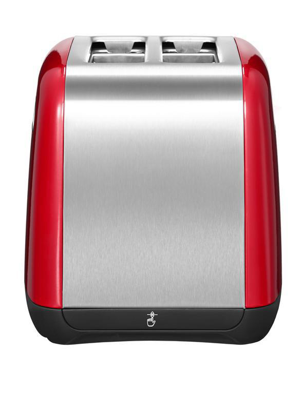 Roter und silberner Toaster. Zwei Schlitze sind sichtbar. Schwarzer Sockel mit Steuersymbol.
