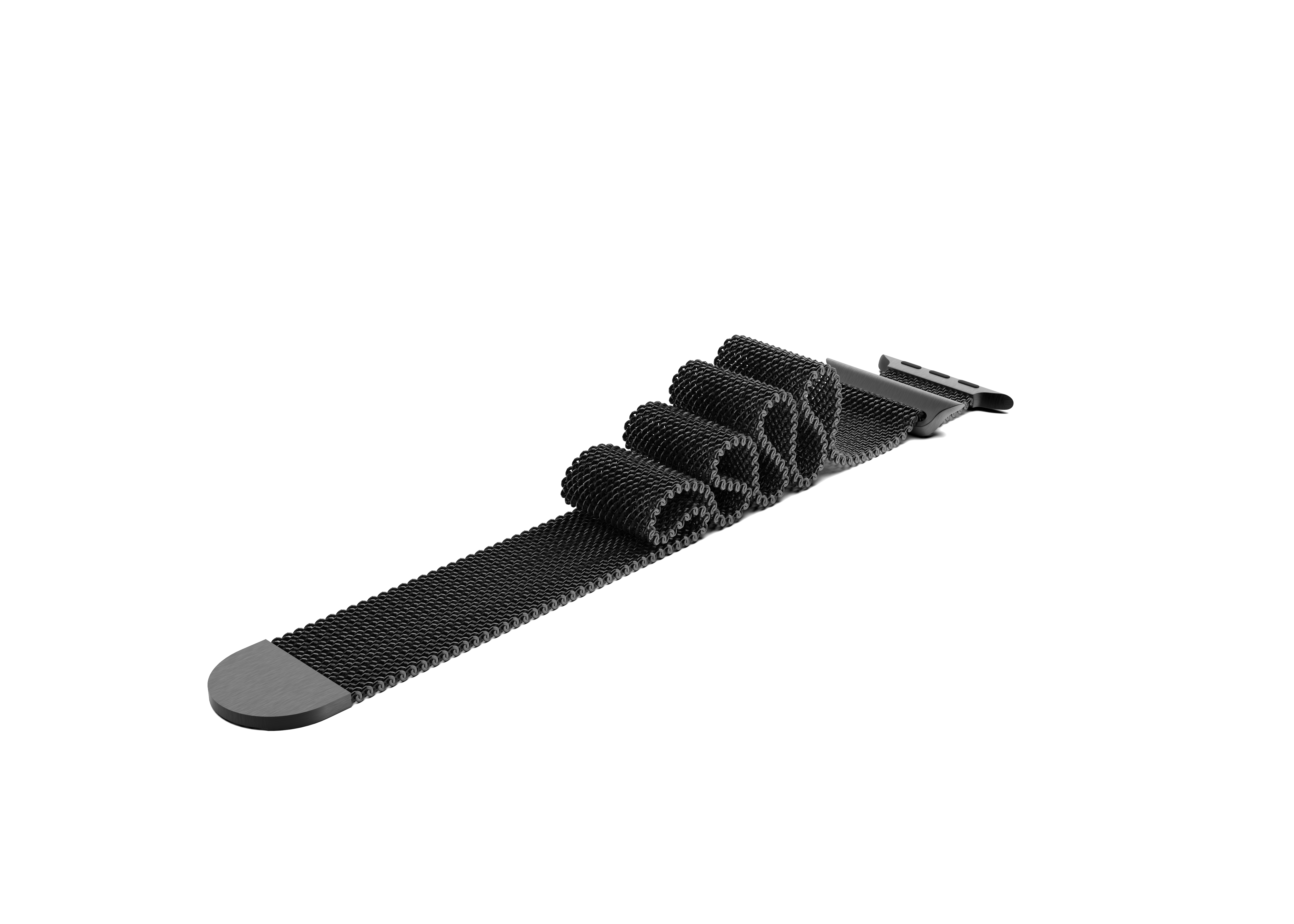 Schwarzes Uhrenarmband mit Mesh-Design, aufgerollt. Das Armband liegt auf weißem Untergrund.