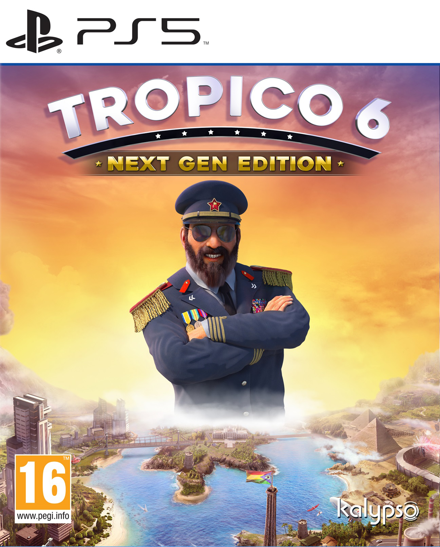 PS5 game cover: "Tropico 6 Next Gen Edition", toont een man in uniform, zonnebril en een tropisch eiland.