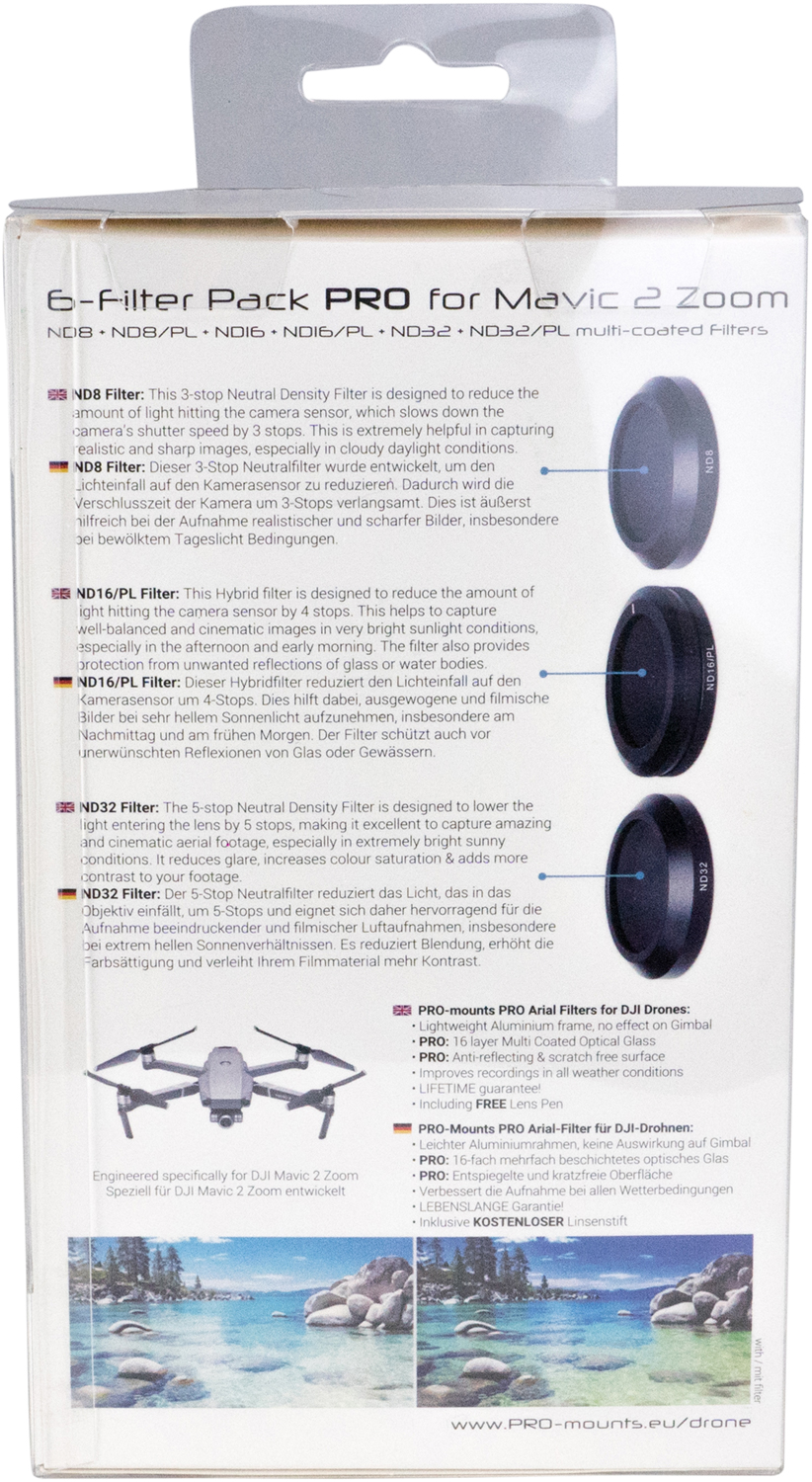 Doos met E-Filter Pack Pro voor Mavic 2 Zoom, met filters en een drone-afbeelding.