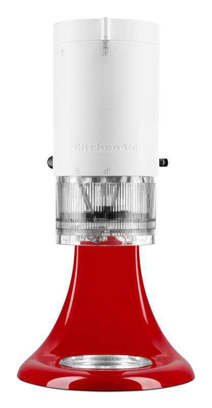 KitchenAid-Küchenmaschine in Weiß und Rot, mit weißem Oberteil und roter Basis.
