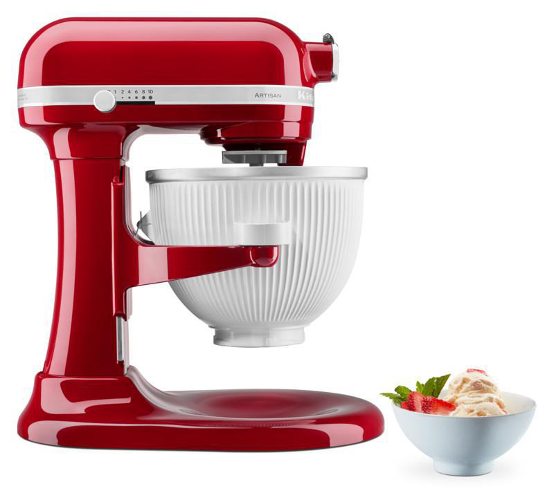 Roter KitchenAid-Küchenmixer mit weißer Schüssel und Eisbecher.