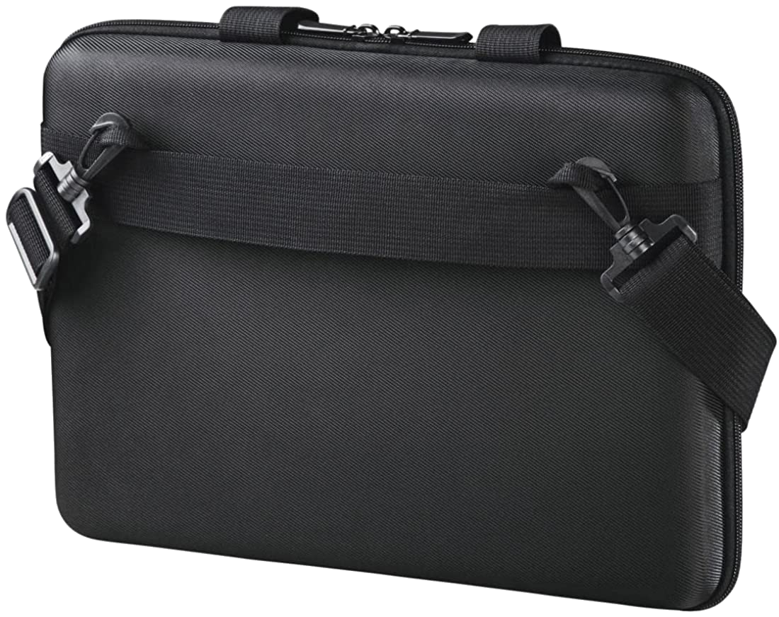 Fekete laptop táska vállpánttal és csatokkal, sima háttéren.
