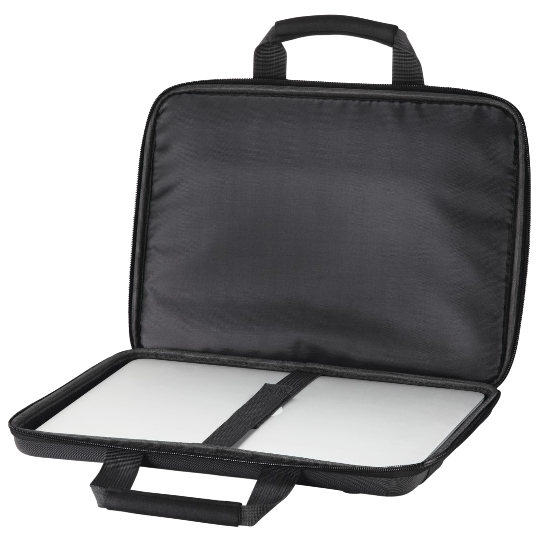 Fekete nyitott laptop tok laptop belsejével. A tok fogantyúval és cipzárral rendelkezik.