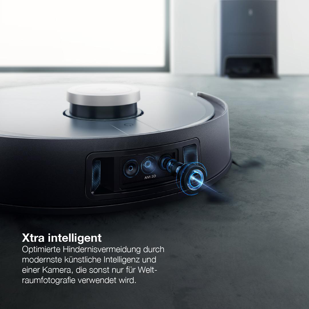 Ein Roboter-Staubsauger mit erweiterten Funktionen, Text auf Deutsch.