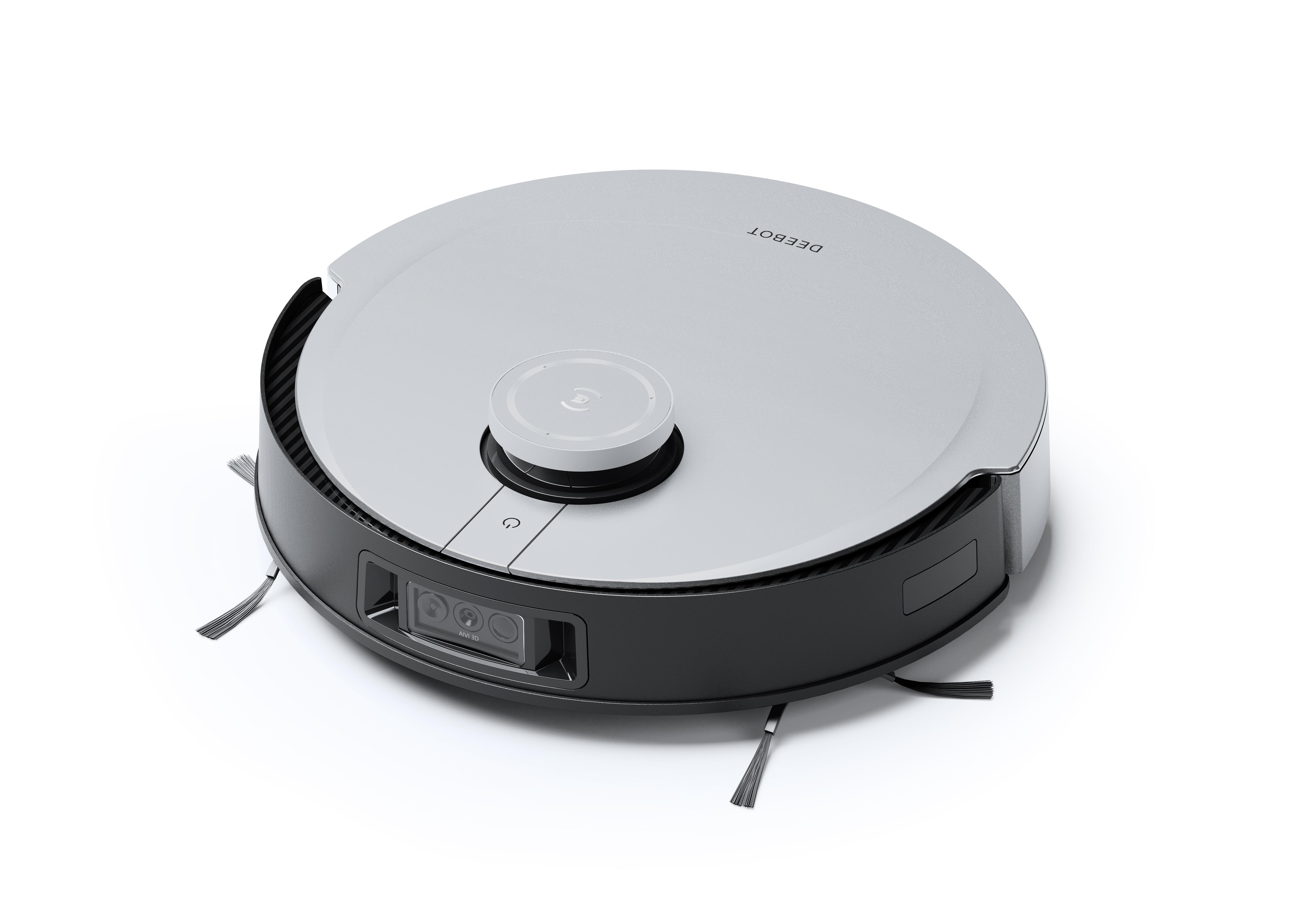Ein weiß-grauer DEEBOT-Roboter-Staubsauger auf weißem Hintergrund.
