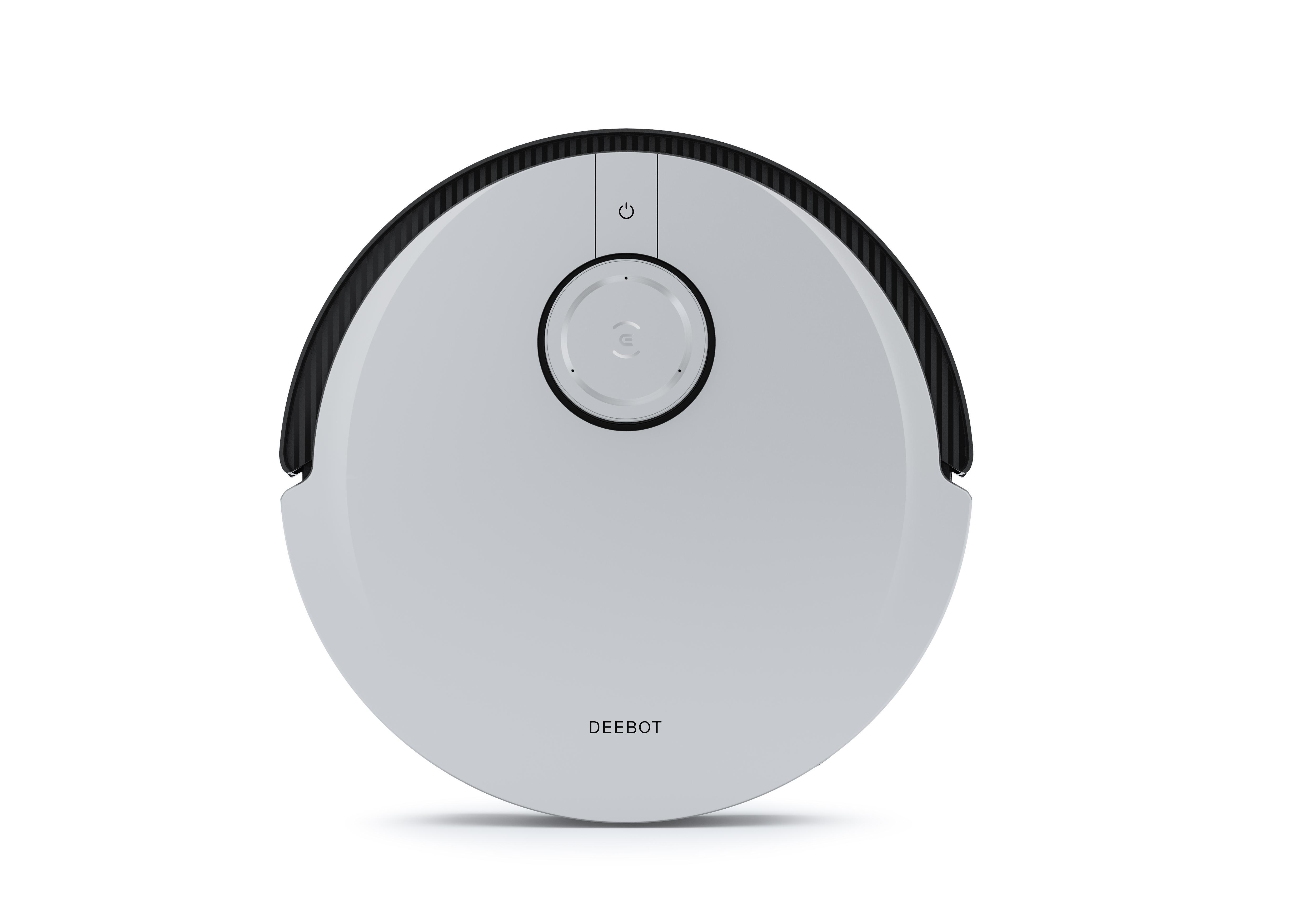 Ein weißer, kreisförmiger Roboter-Staubsauger auf weißem Hintergrund.