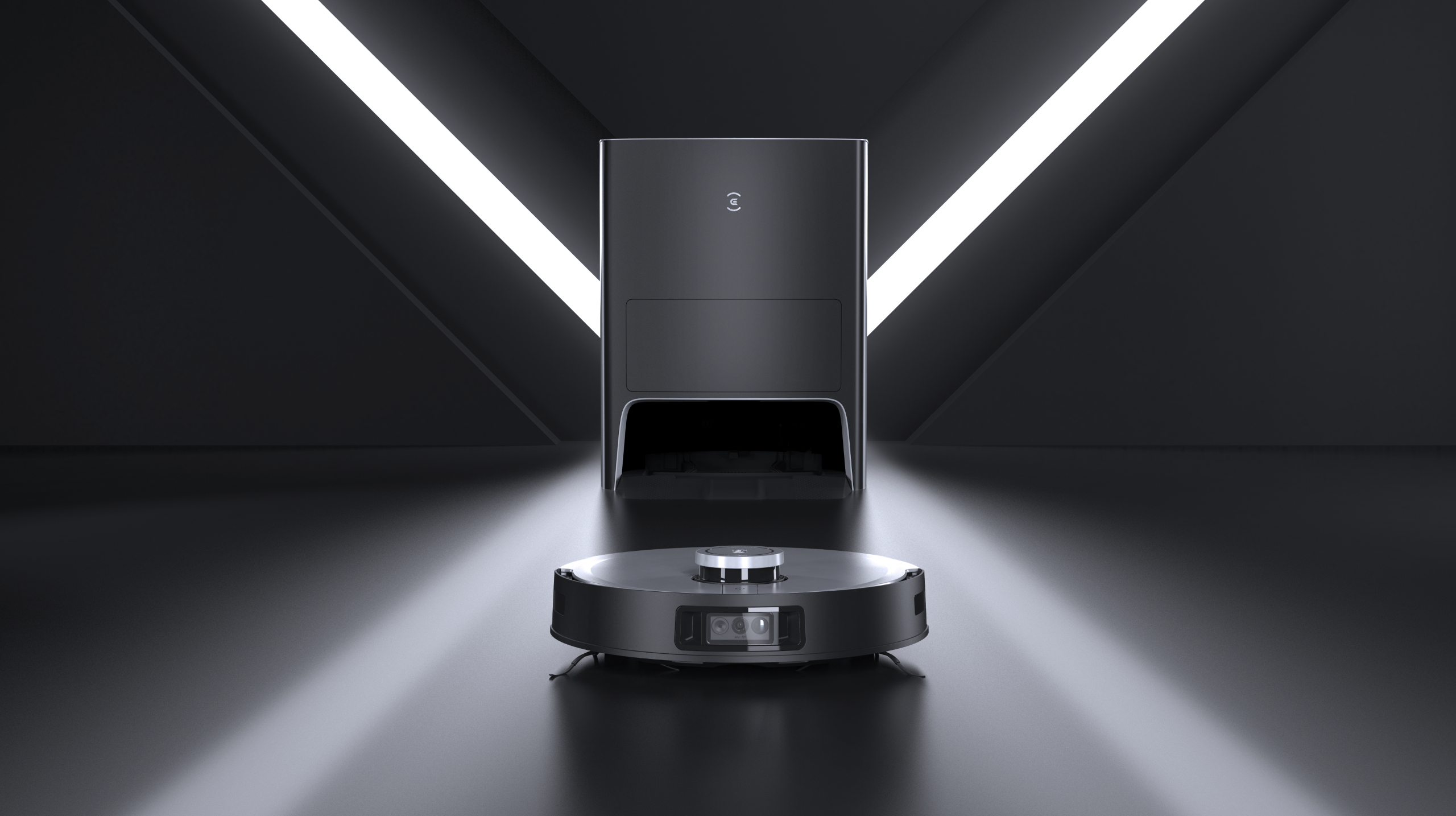 Roboter-Staubsauger mit Ladestation. Schwarz und Silber. Modernes Design.