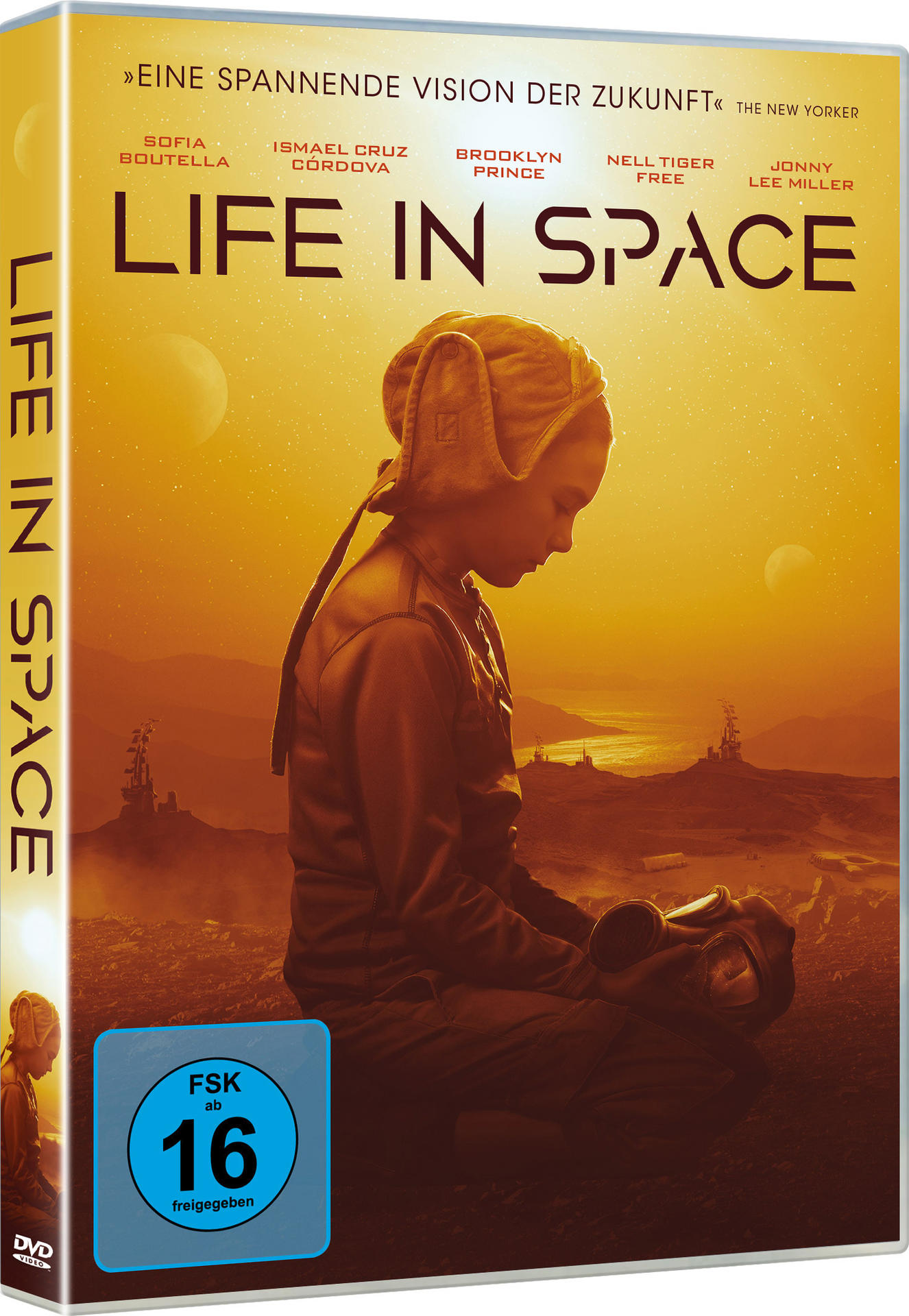 DVD-Hülle für den Film „Life in Space“. Zeigt ein Kind in Weltraumausrüstung auf einem Wüstenplaneten.