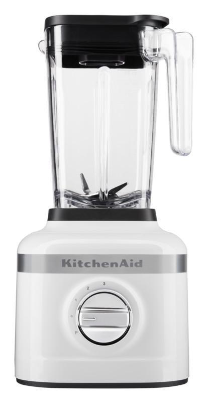 Weißer KitchenAid-Mixer auf weißem Hintergrund, mit Wahleinstellungen von 1-3 und schwarzem Deckel.