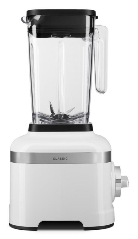 Ein weißer KitchenAid-Blender mit einem transparenten Behälter und schwarzem Deckel.