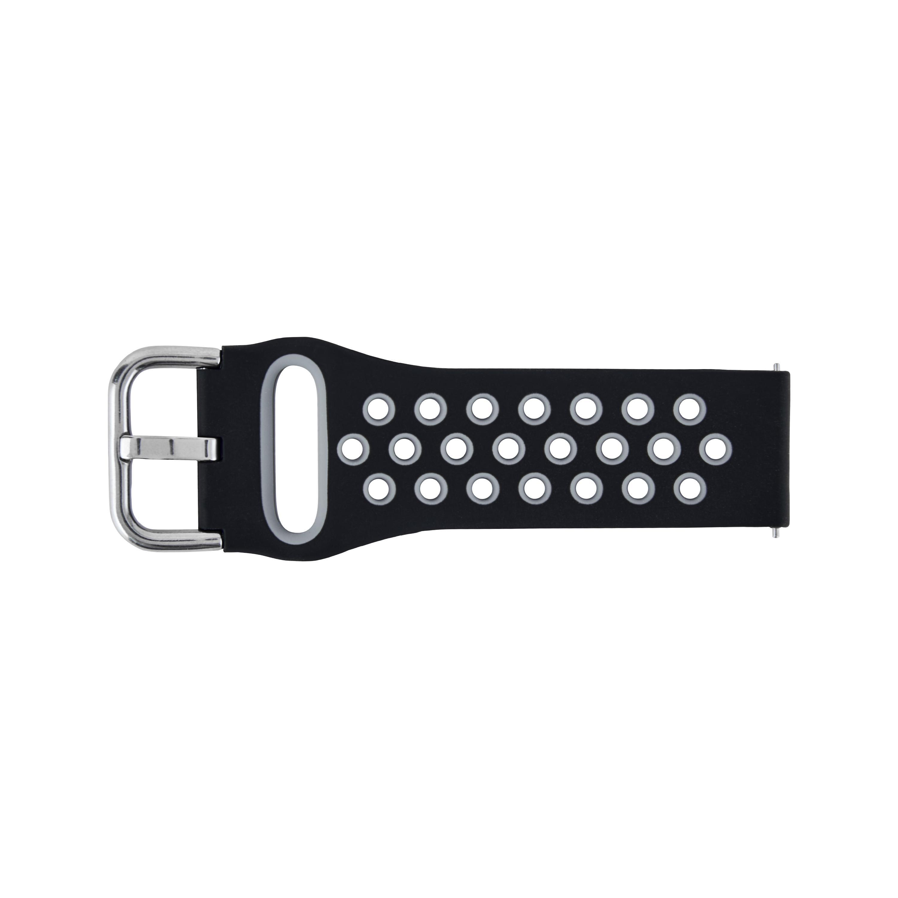 Schwarzes Uhrenarmband mit Löchern und silberner Schnalle.