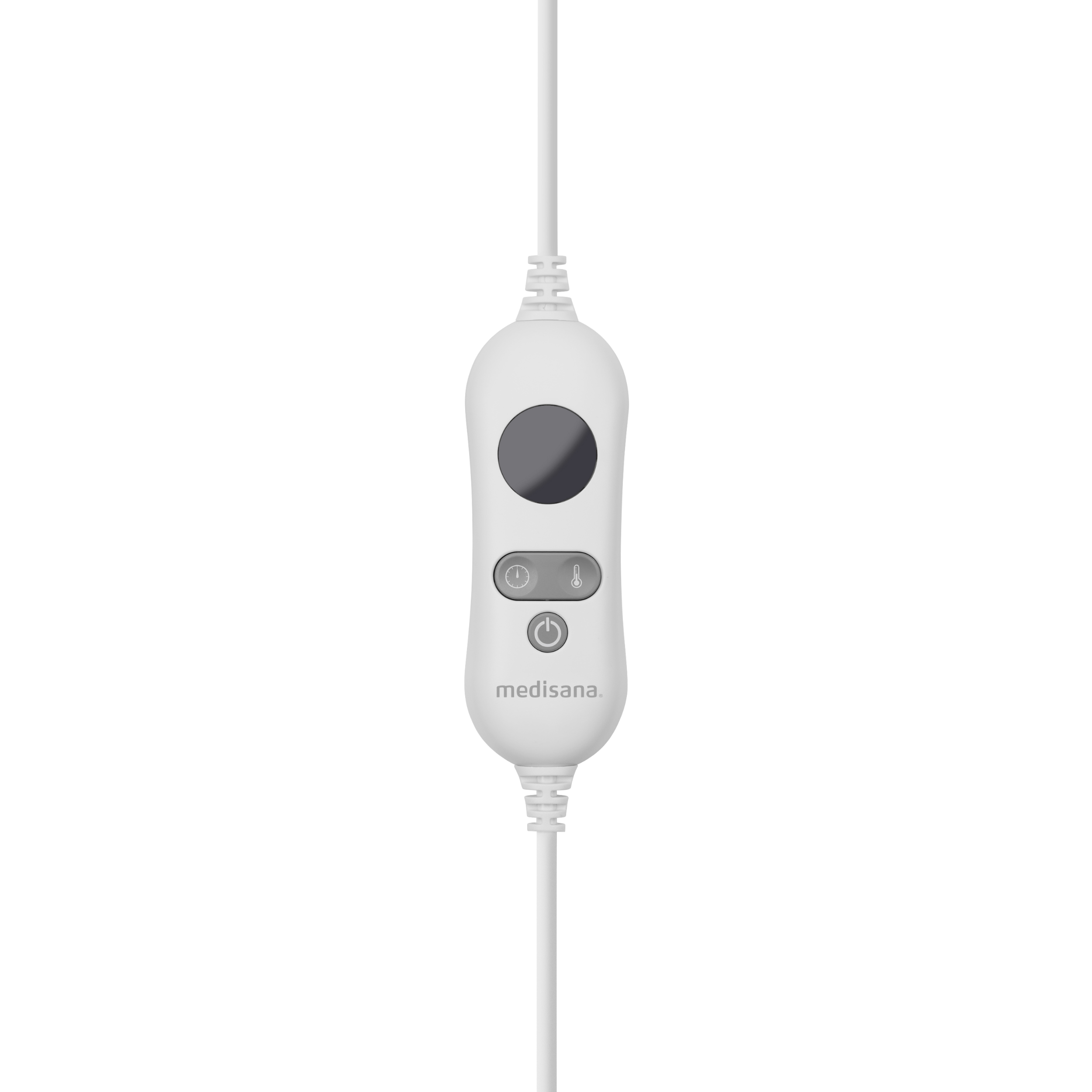 Ein weißes Bedienfeld mit zwei Knöpfen und einem Drehregler. Es ist eine Steuerung für ein Heizkissen.