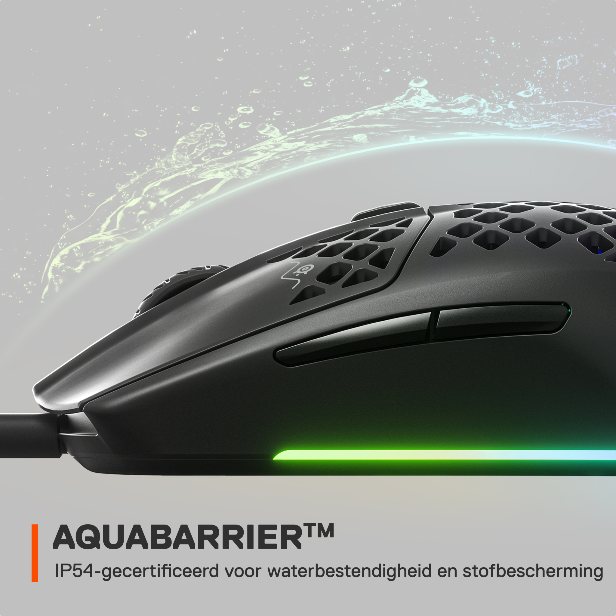 Black gaming mouse with a perforated design and a green LED light.