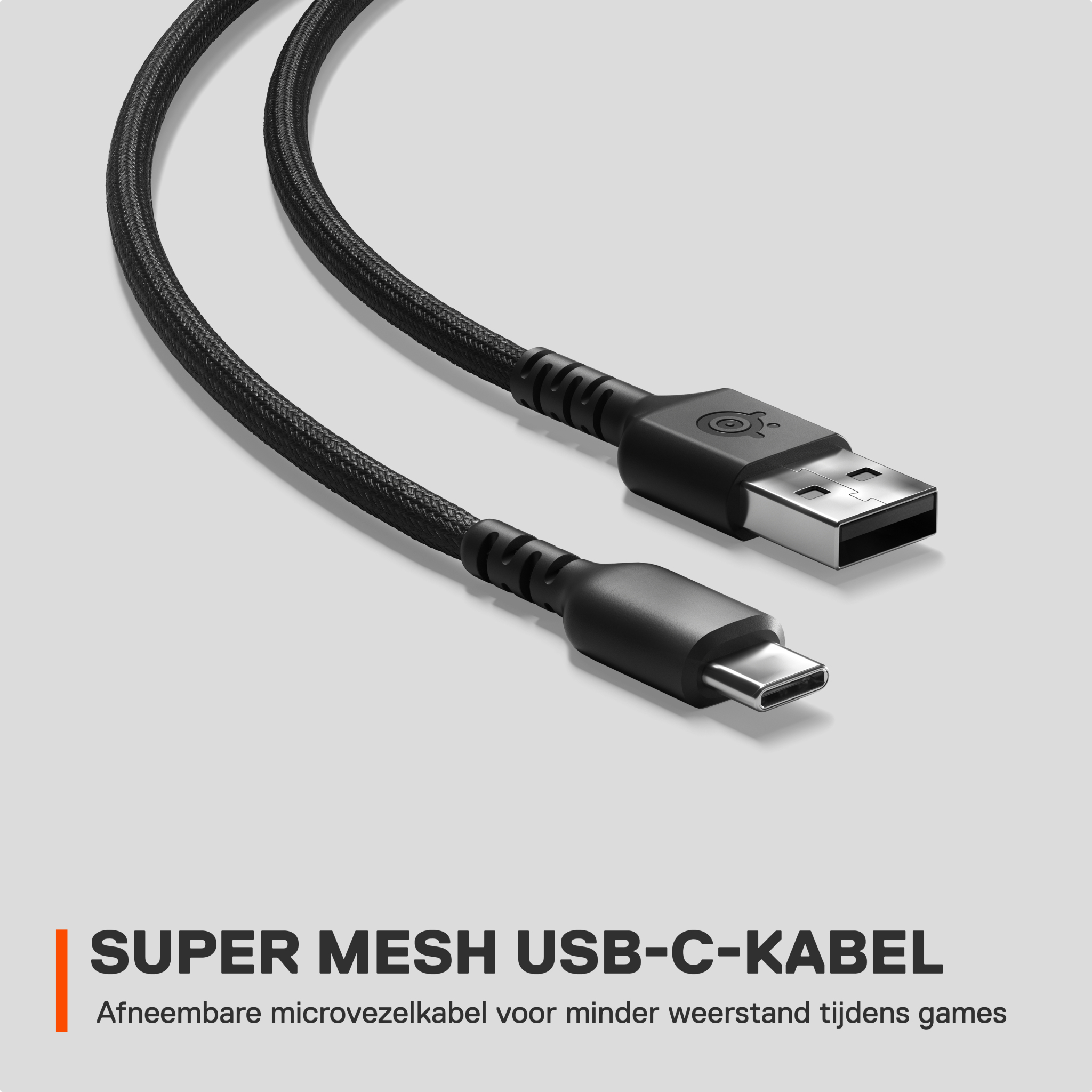 USB-C cable with black mesh and USB-A connector. Text: Super Mesh USB-C Cable.