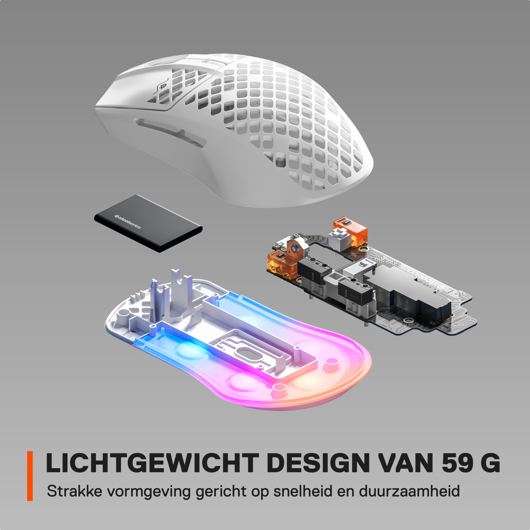 White gaming mouse with a honeycomb design, components displayed, and text about lightweight design.