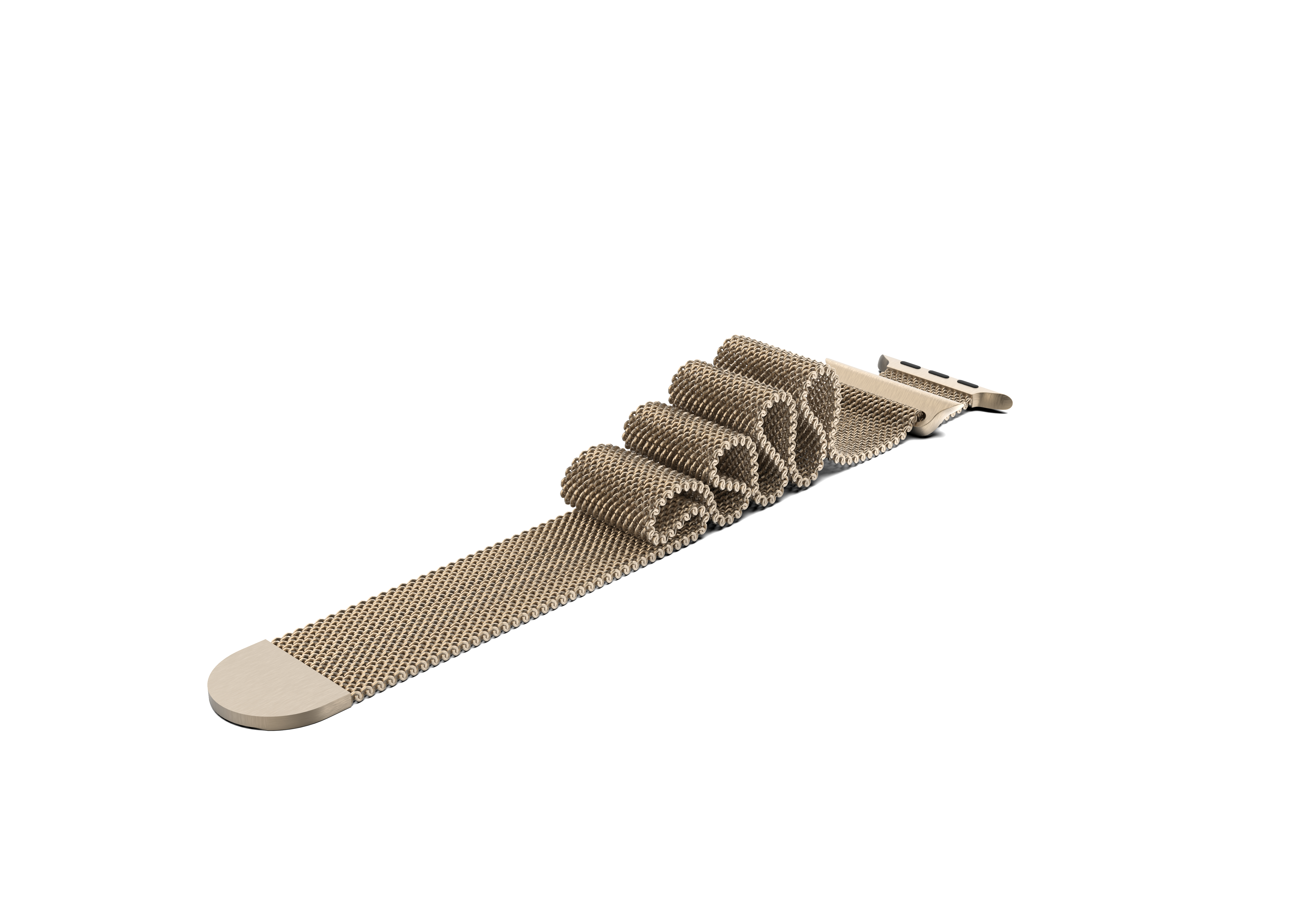 Ein beiges Metallgeflecht-Uhrenarmband, aufgerollt.