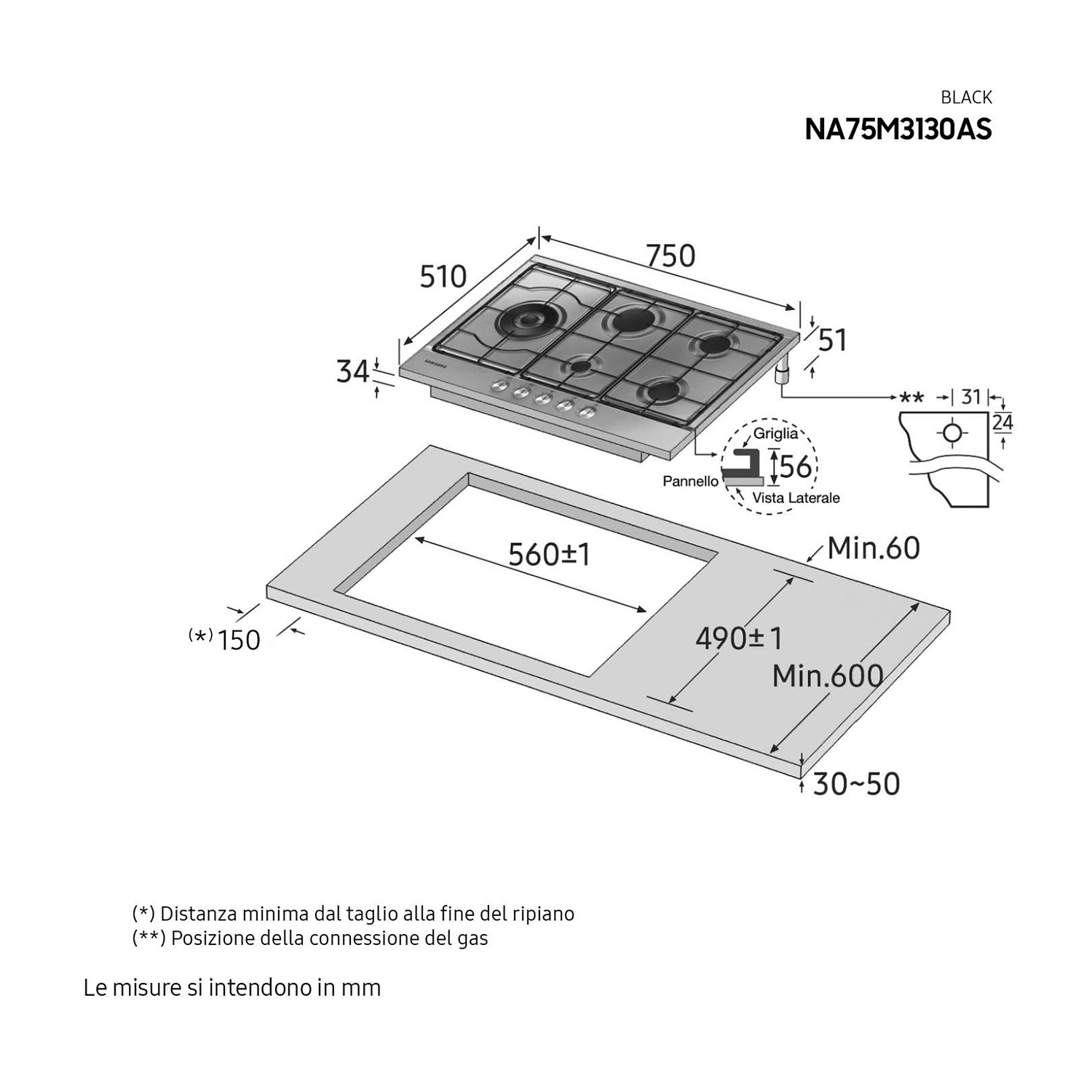 Piano cottura a gas nero con dimensioni, montato su un piano grigio. Disegno tecnico con misure in mm.