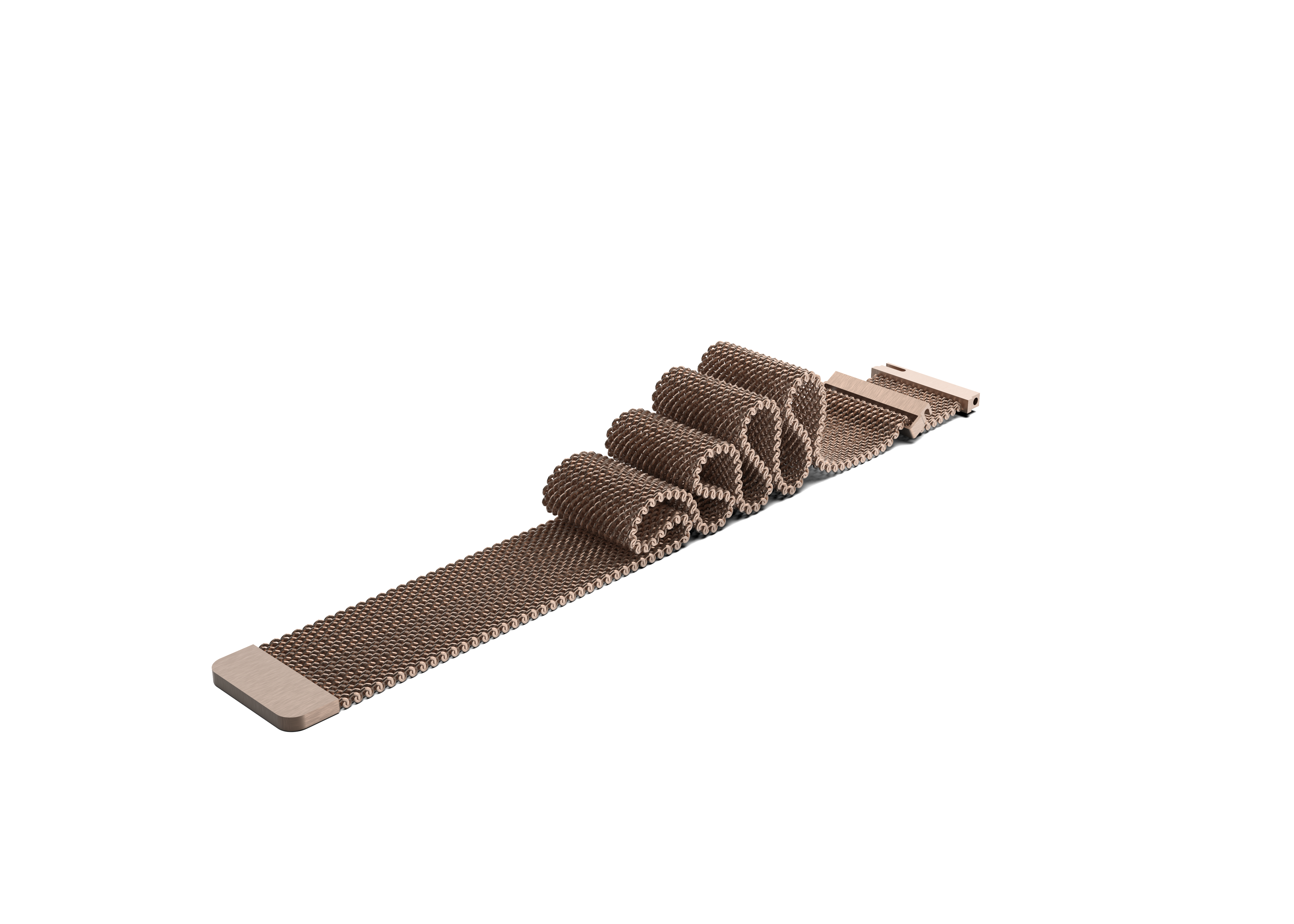 Ein aufgerolltes roségoldenes Uhrenarmband auf weißem Hintergrund.