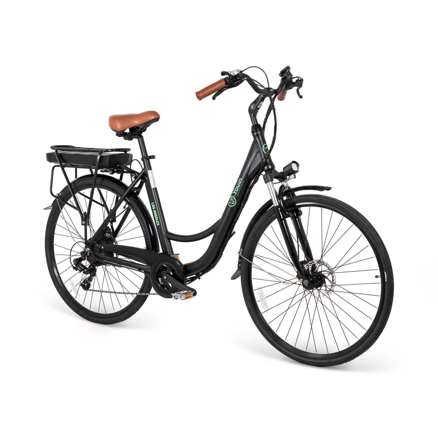 Bicicleta eléctrica negra con asiento y manillar marrones, fondo blanco.