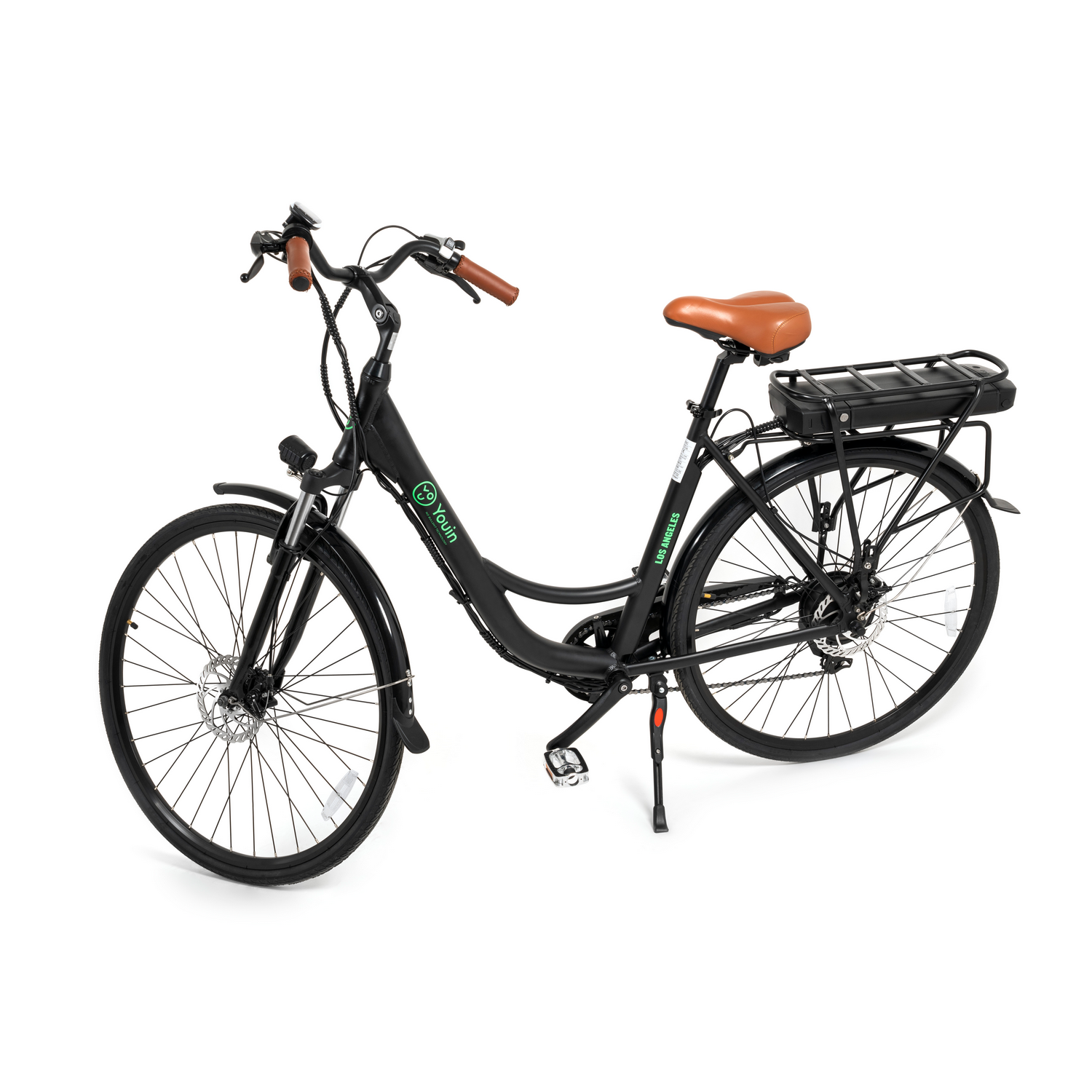 Bicicleta eléctrica negra de lado. Asiento y manillar marrones.