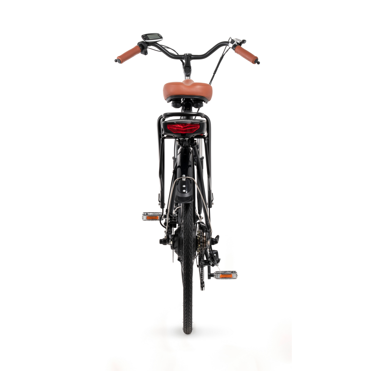Bicicleta negra vista desde atrás. Asiento y manillar marrones, luz roja en la parte trasera.
