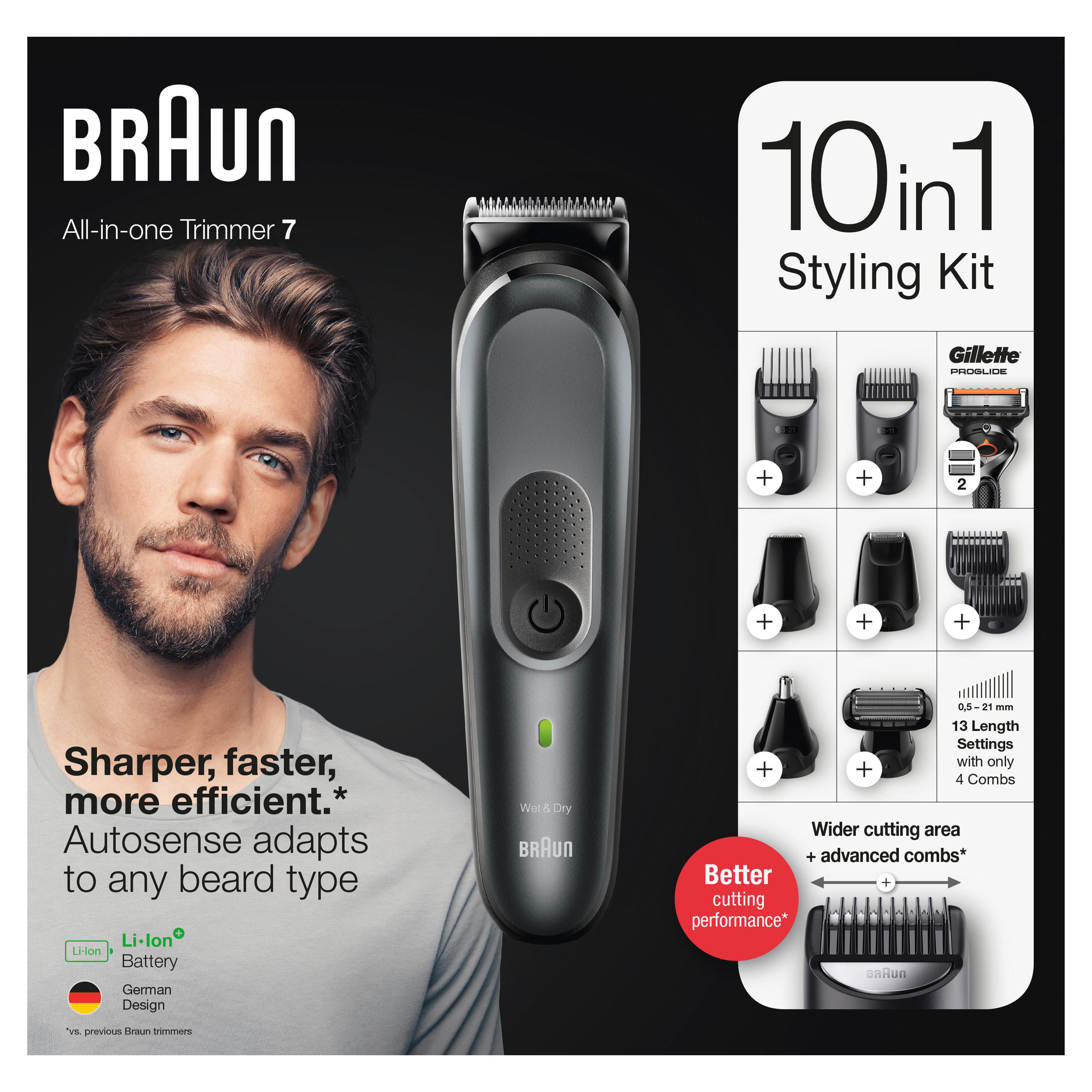 BRAUN Multi-Grooming-Kit 7 MGK7321, 10-in-1-Barttrimmer und Haarschneider, Slate Grey Barttrimmer und Haarschneider, Slate Grey, Akkubetrieb