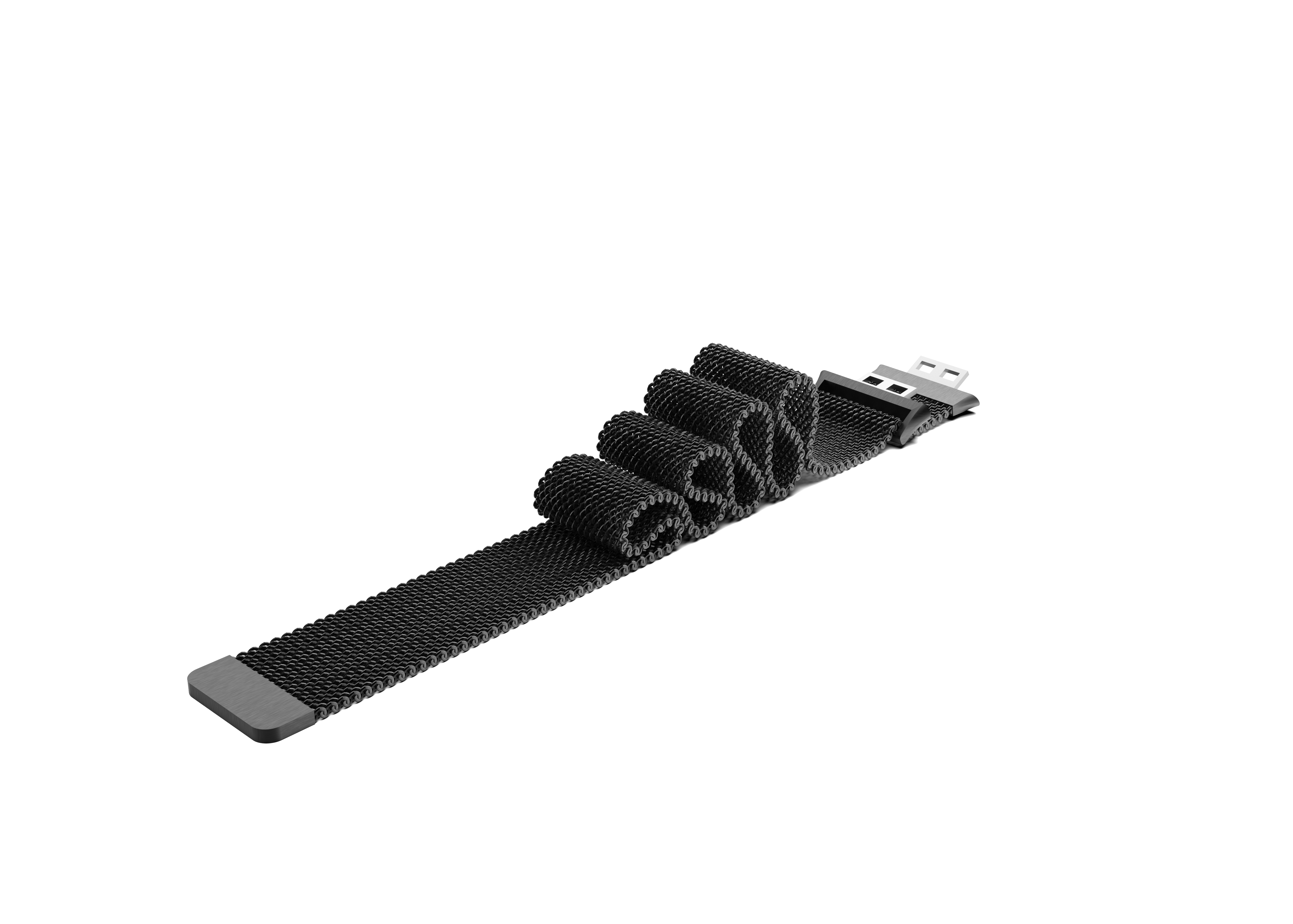 Ein aufgerolltes schwarzes Metall-Uhrenarmband mit Verschluss, isoliert auf weißem Hintergrund.