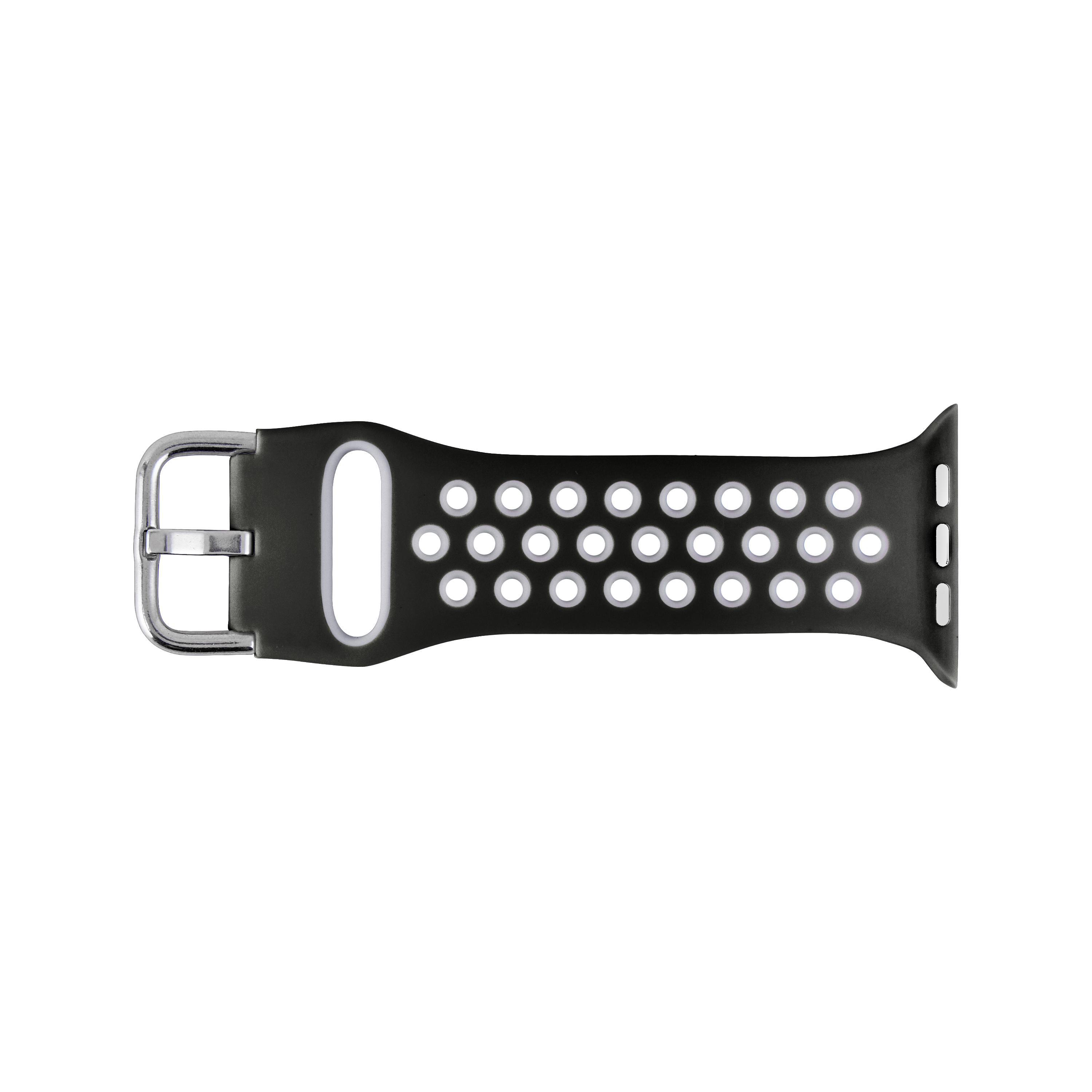 Schwarzes Apple Watch Armband. Silberne Schnalle und weiße perforierte Details.