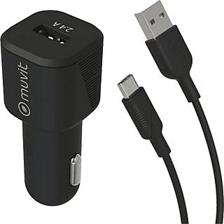 Cargador USB para coche - Muvit MCPAK0015, USB-A, USB-C, Universal, 12W, 1.2 m, 2.4A, Negro