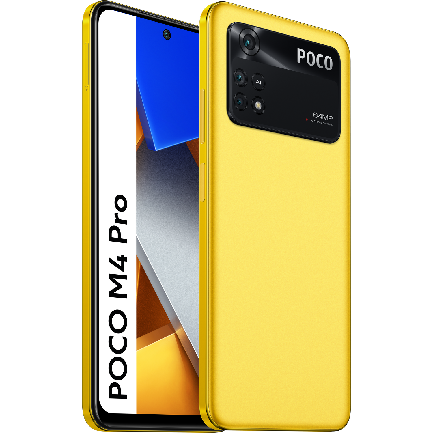 Smartphone Poco M4 Pro amarillo, mostrando vistas frontal y lateral sobre blanco.