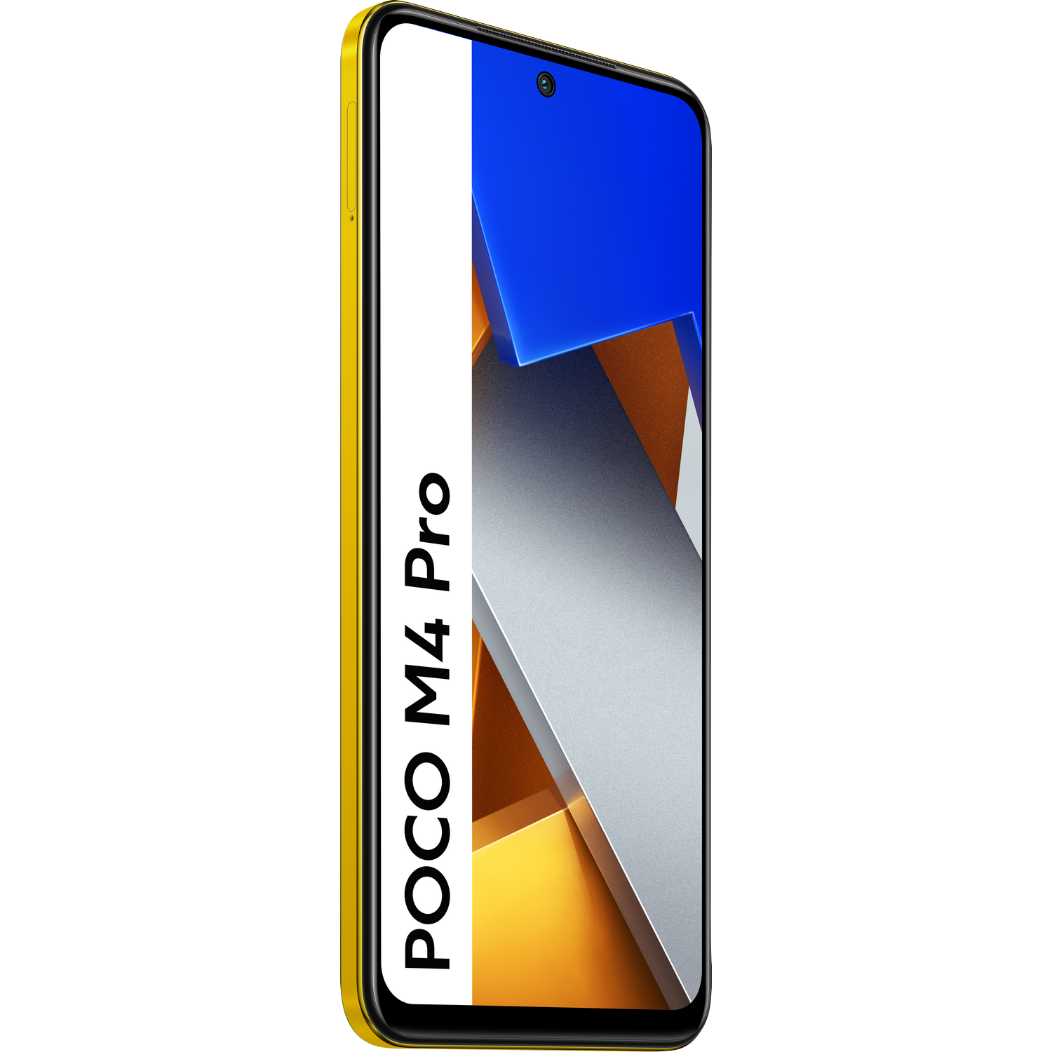 Teléfono POCO M4 Pro amarillo. Pantalla blanca con elementos azules, amarillos y grises.